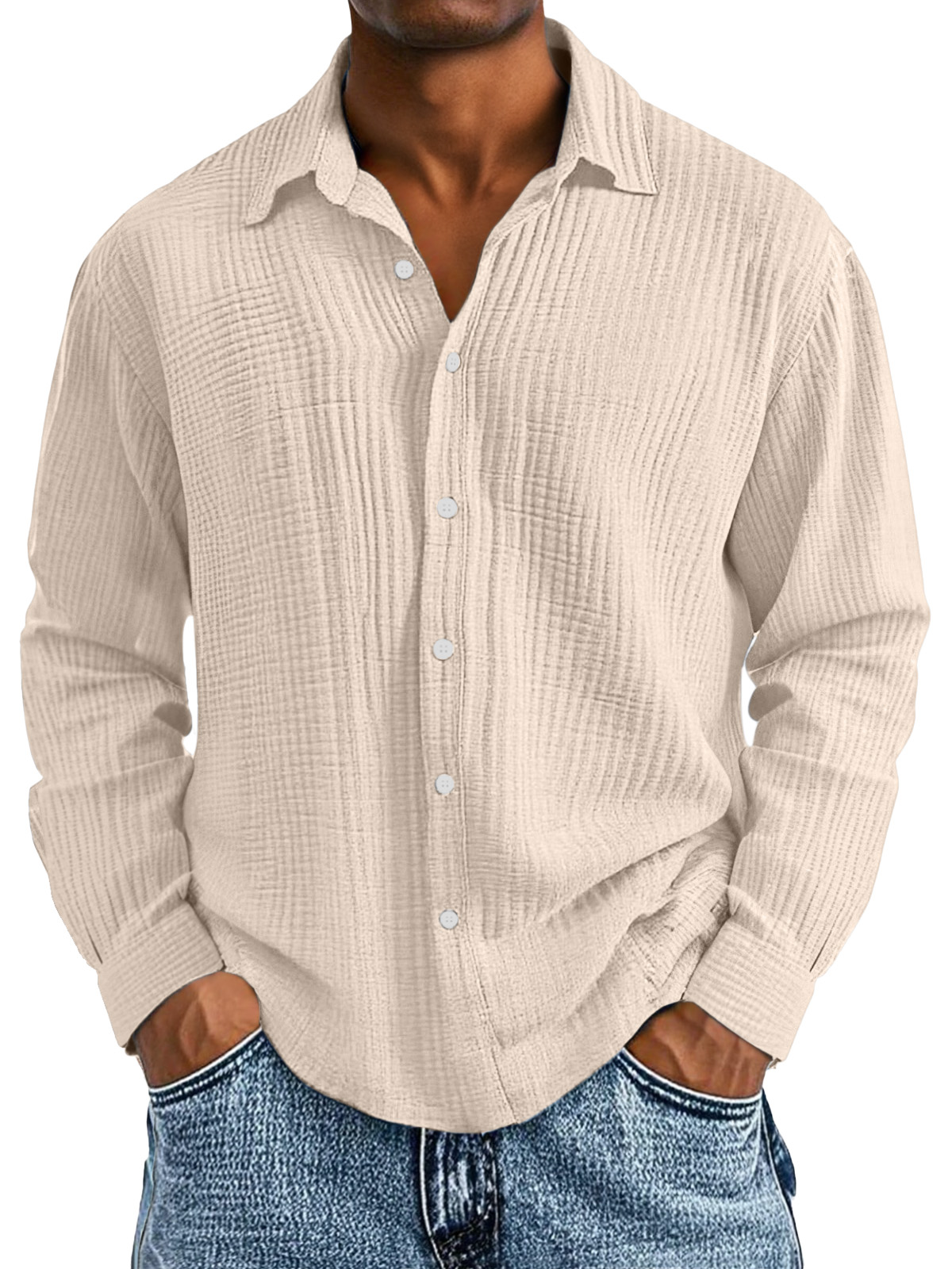 Men's Casual Cotton Pleated Solid Color Lapel Long Sleeve Shirt