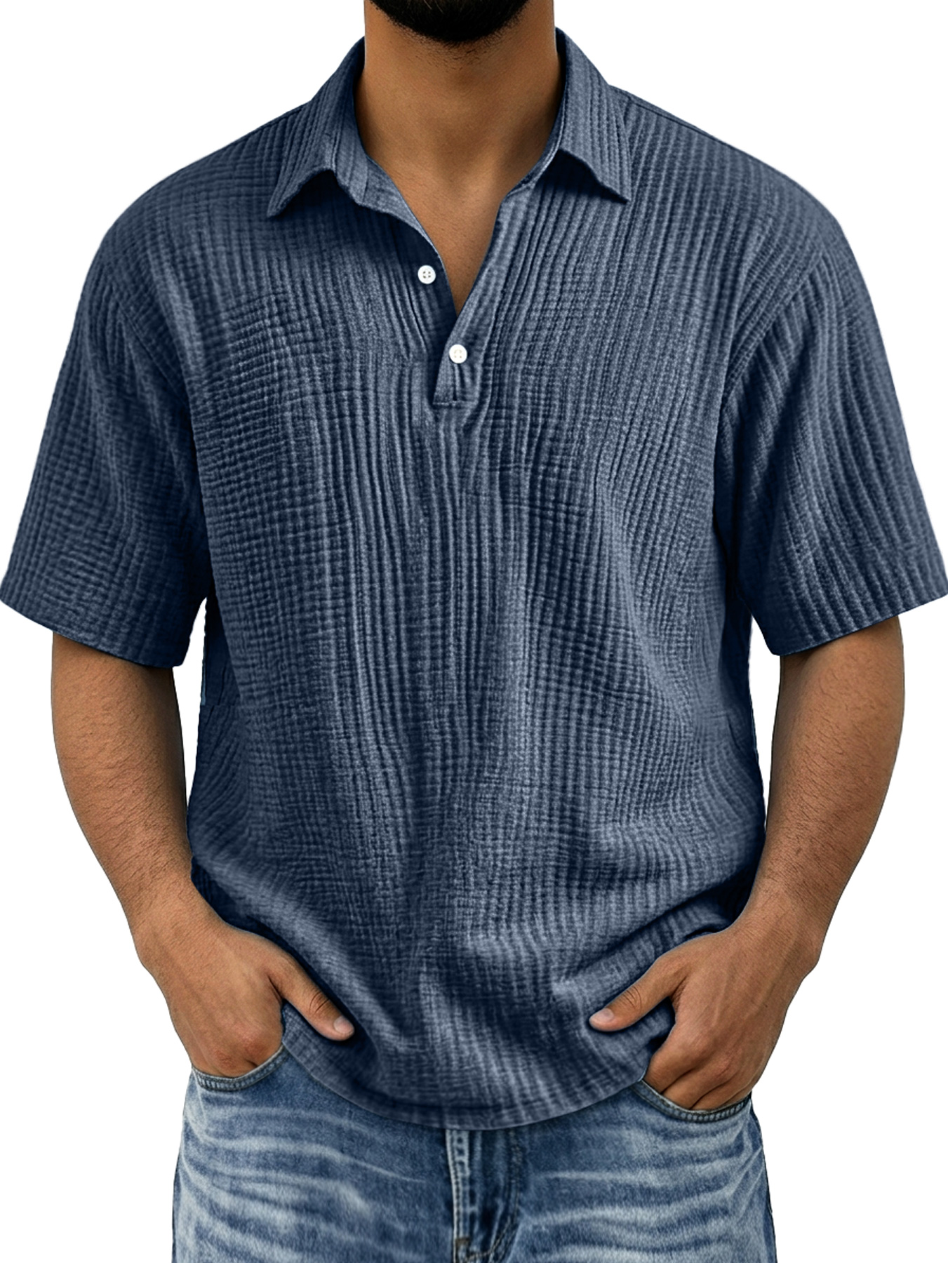 Men's Polo Shirt with Pleated Collar, Button-Down Casual Solid Color Short Sleeve