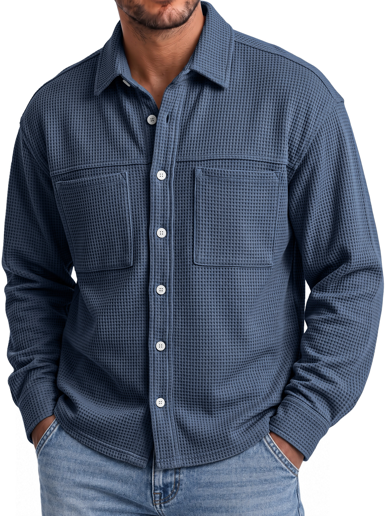 Men's Autumn Casual Long-Sleeve Waffle-Knit Shirt with Dual Pockets