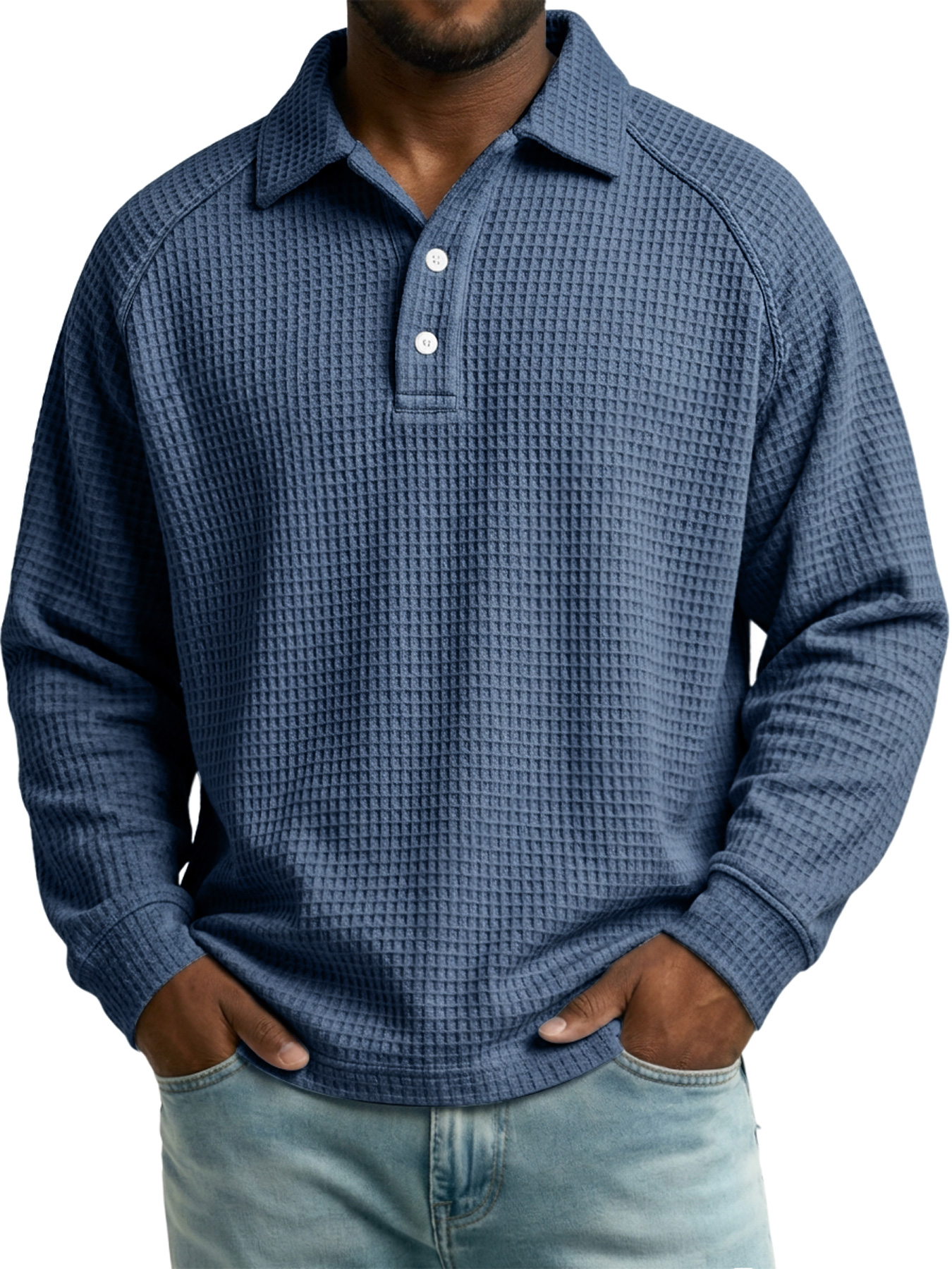 Men's Autumn Casual Waffle-Knit Long-Sleeve Polo Shirt with Raglan Sleeves