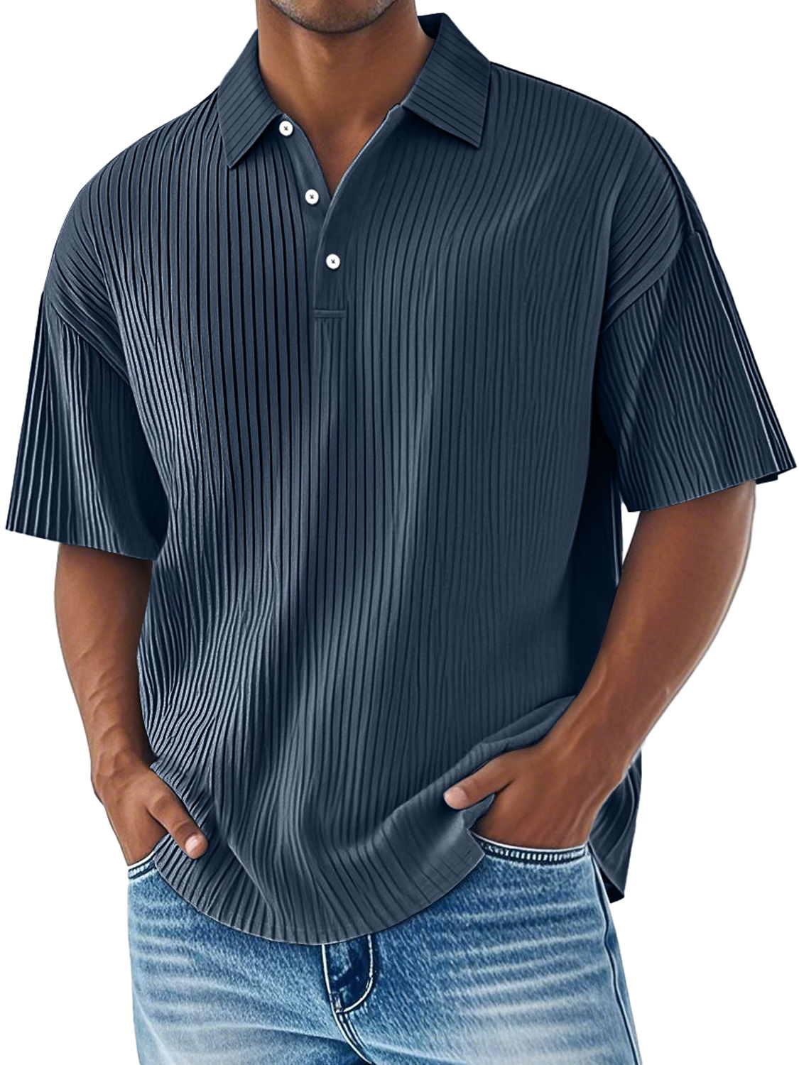 Men's Daily Ribbed Lapel Button Casual Comfortable Short-sleeved Polo Shirt