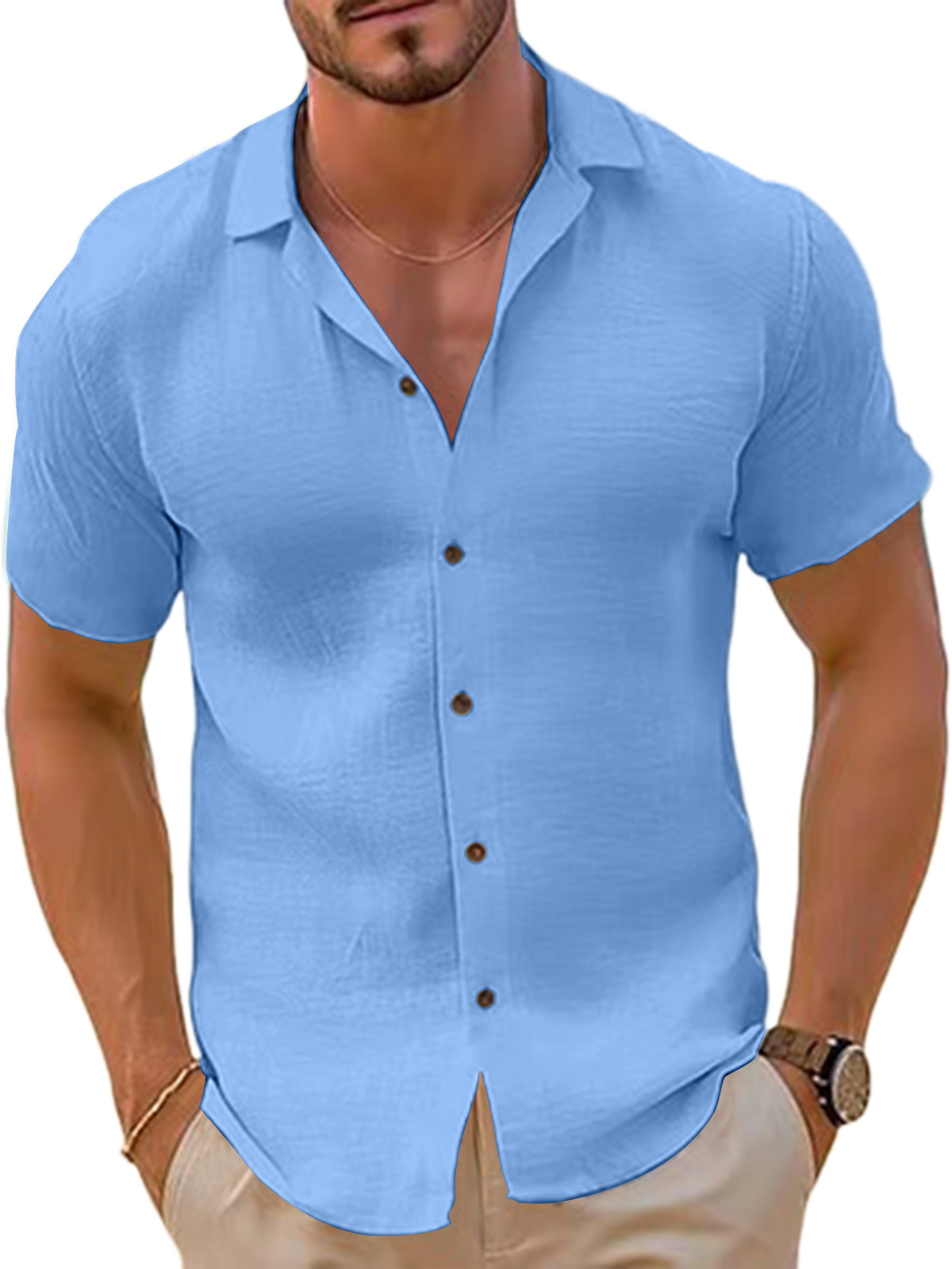 Men's beach solid color lapel cotton short-sleeved shirt