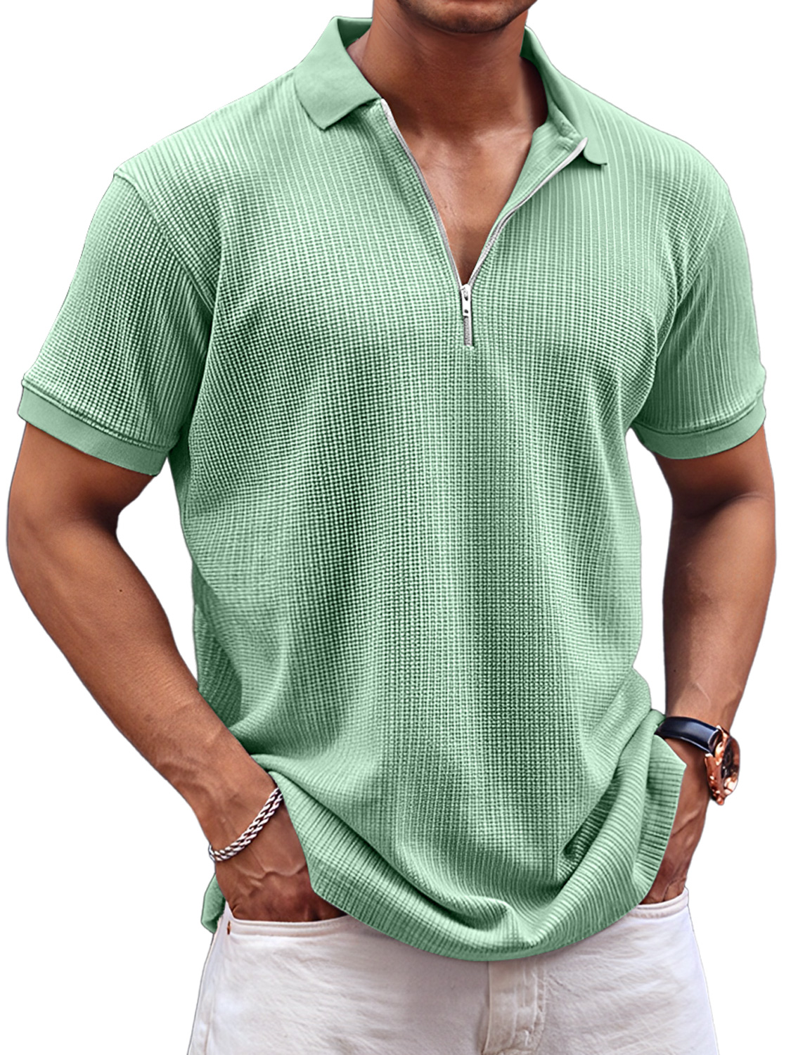 Men's Daily Waffle Casual Lapel Zipper Comfort Short Sleeve POLO Shirt