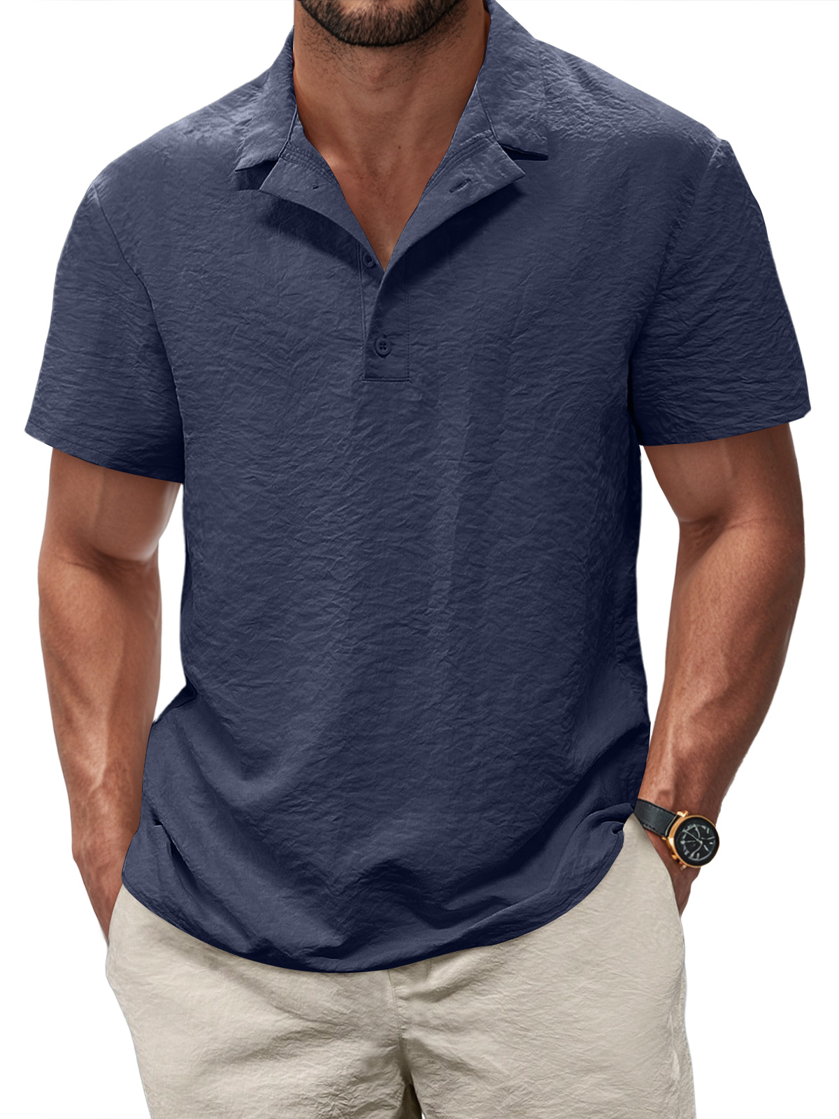 Men's Casual Pleated Texture Button Solid Color Short-sleeved Polo Shirt