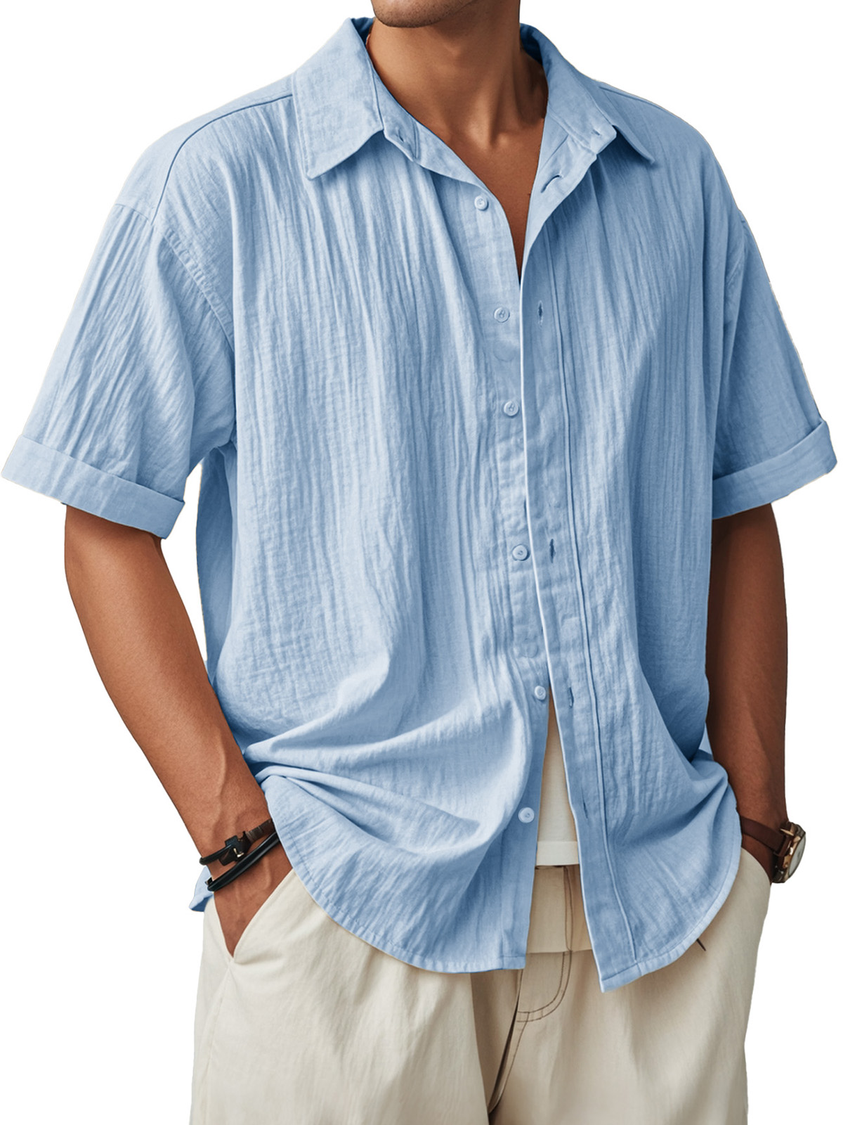 Men's Fashion Casual Pleated Fabric Short Sleeve Shirt