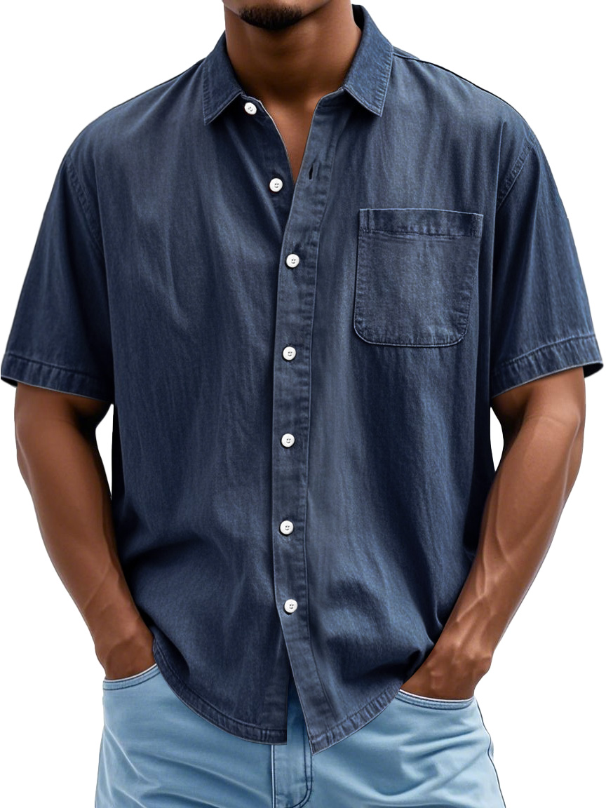 Men's Fashion Casual Lapel Pocket Solid Color Short Shirt