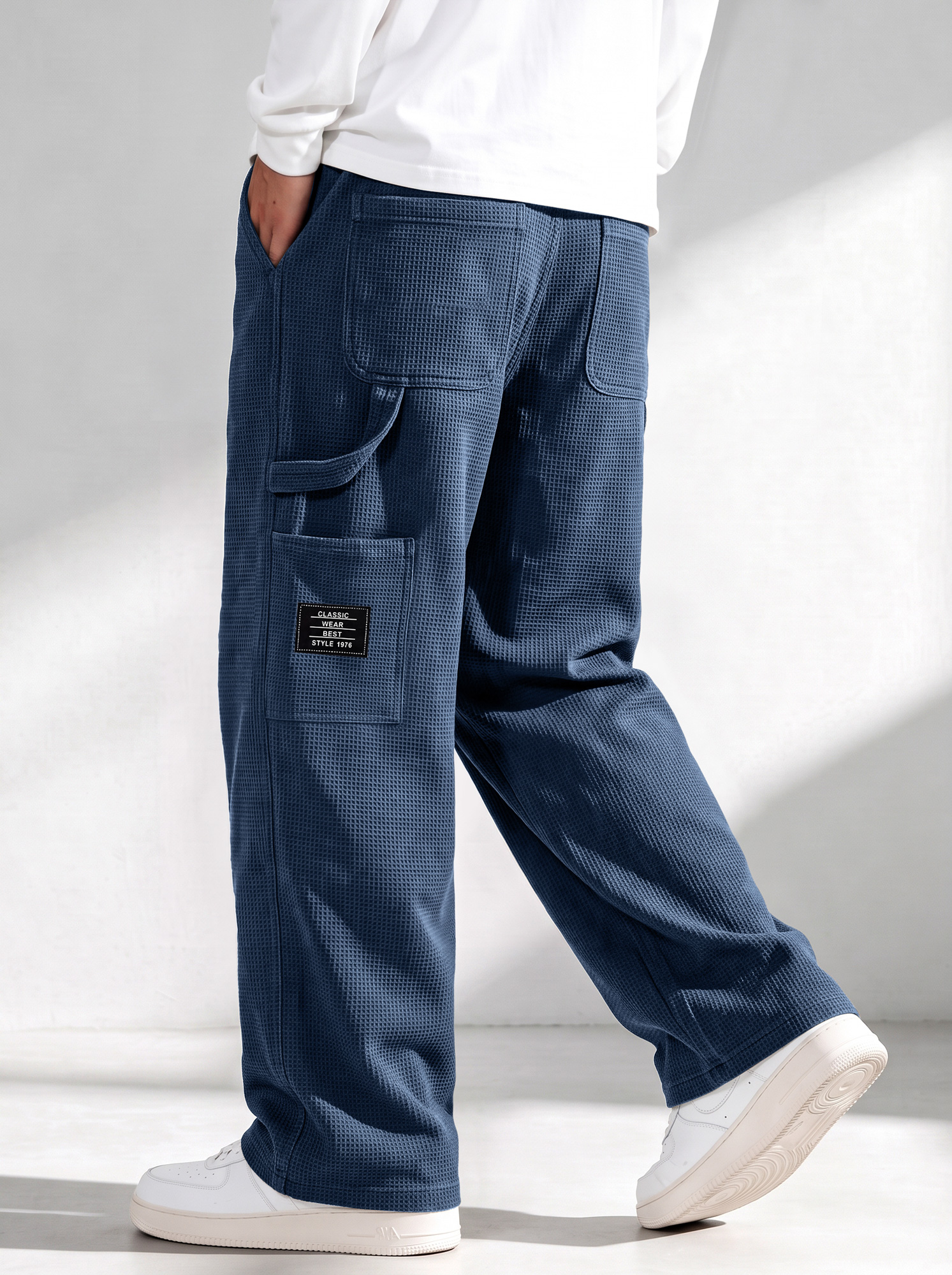 Men's Waffle-Knit Casual Cargo Pants with Multi-Pockets and Embroidered Logo