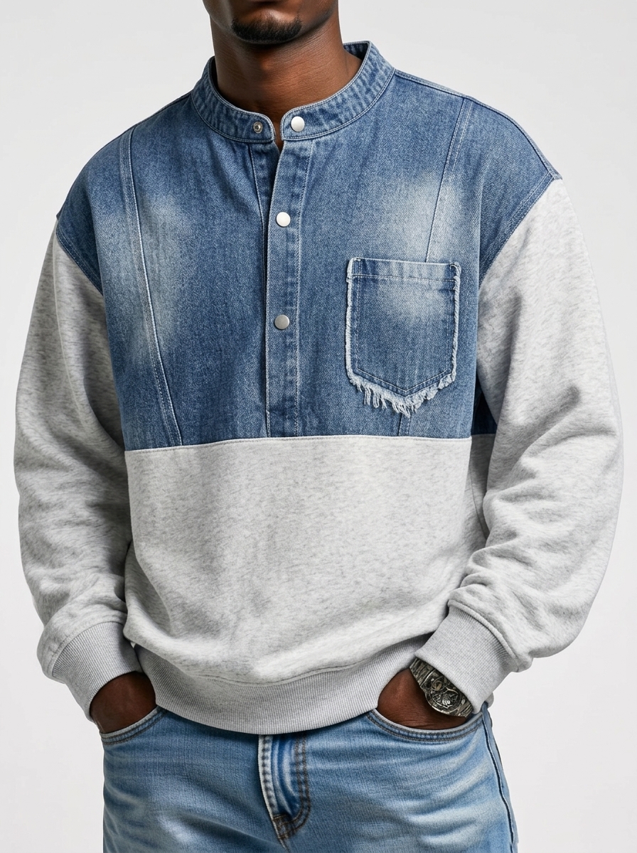 Men's Long Sleeve Sweatshirt with Denim Patchwork Design