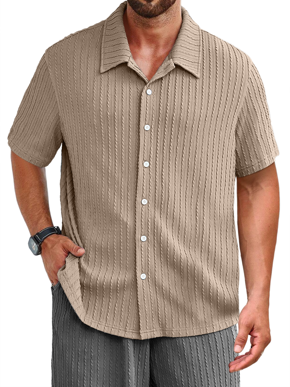 Men's Daily Jacquard Texture Casual Solid Color Short-sleeved Shirt