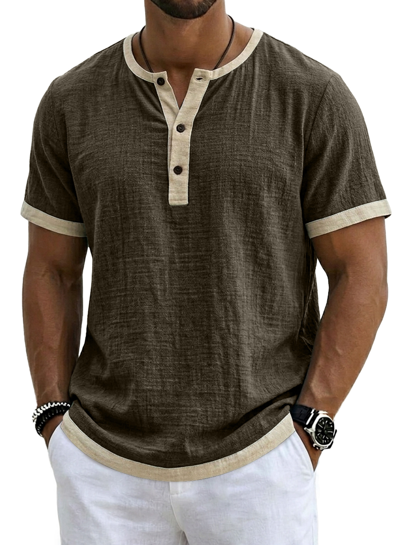 Men's Retro Linen Color Block Casual Short-Sleeve Henley Shirt