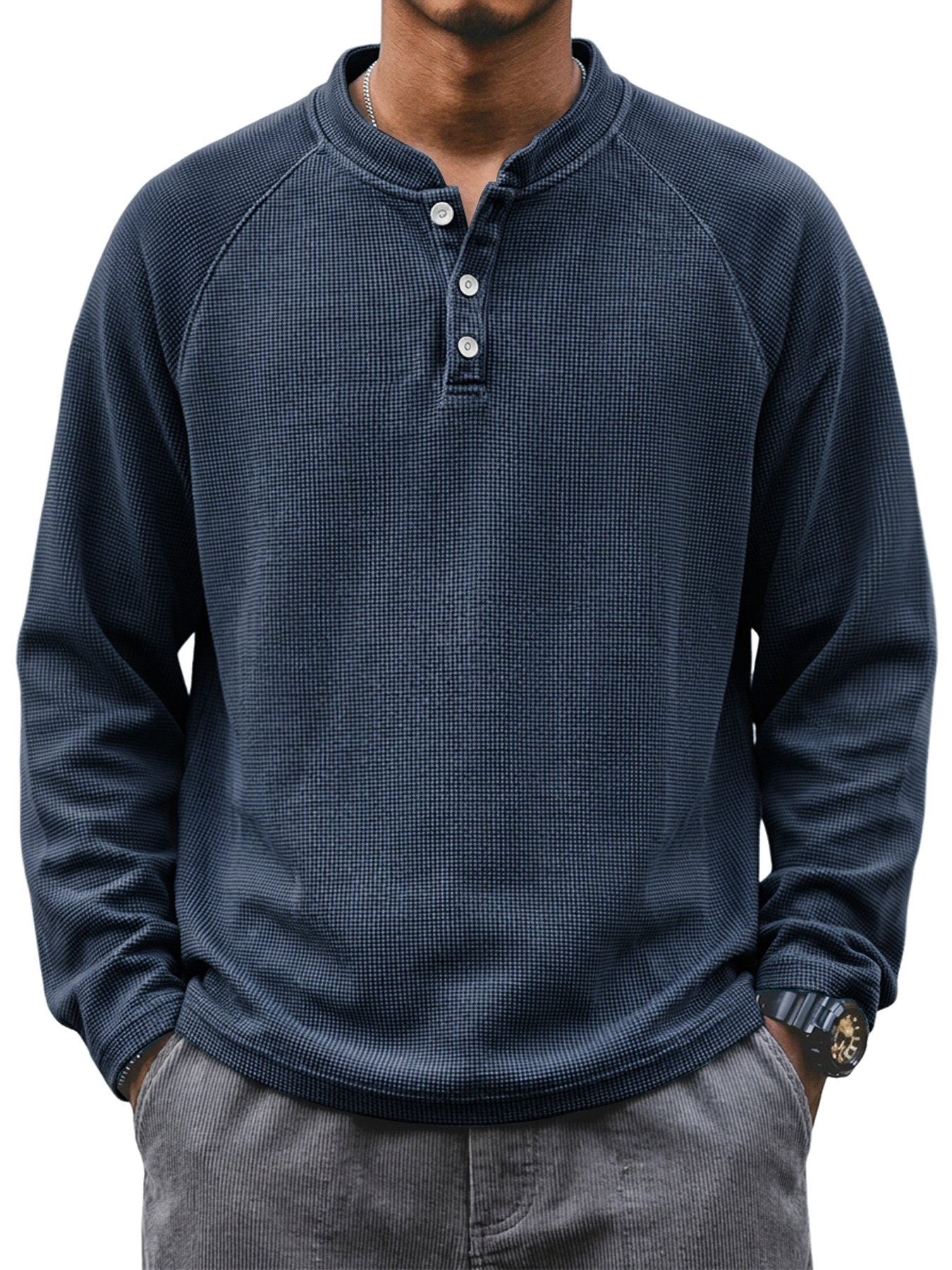 Men's Waffle-Knit Casual Long-Sleeve Henley Shirt with Stand Collar and Button Placket