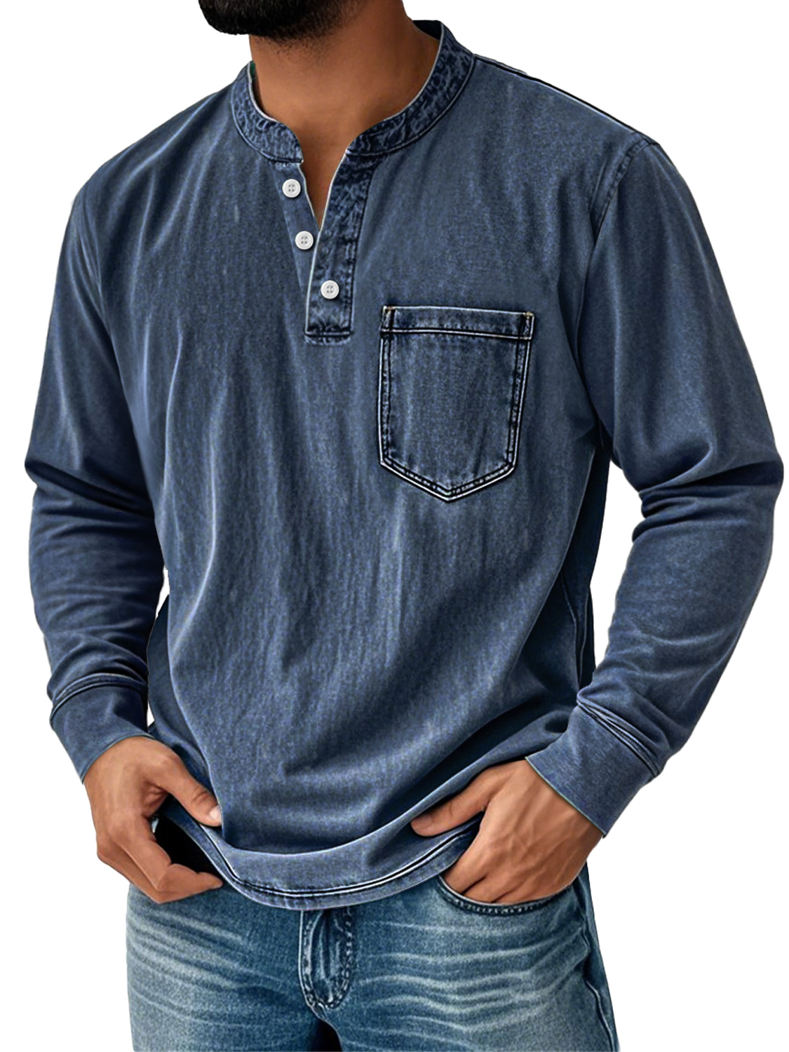 Men's Retro Stand Collar Pocket Casual Distressed Long Sleeve Henley Shirt