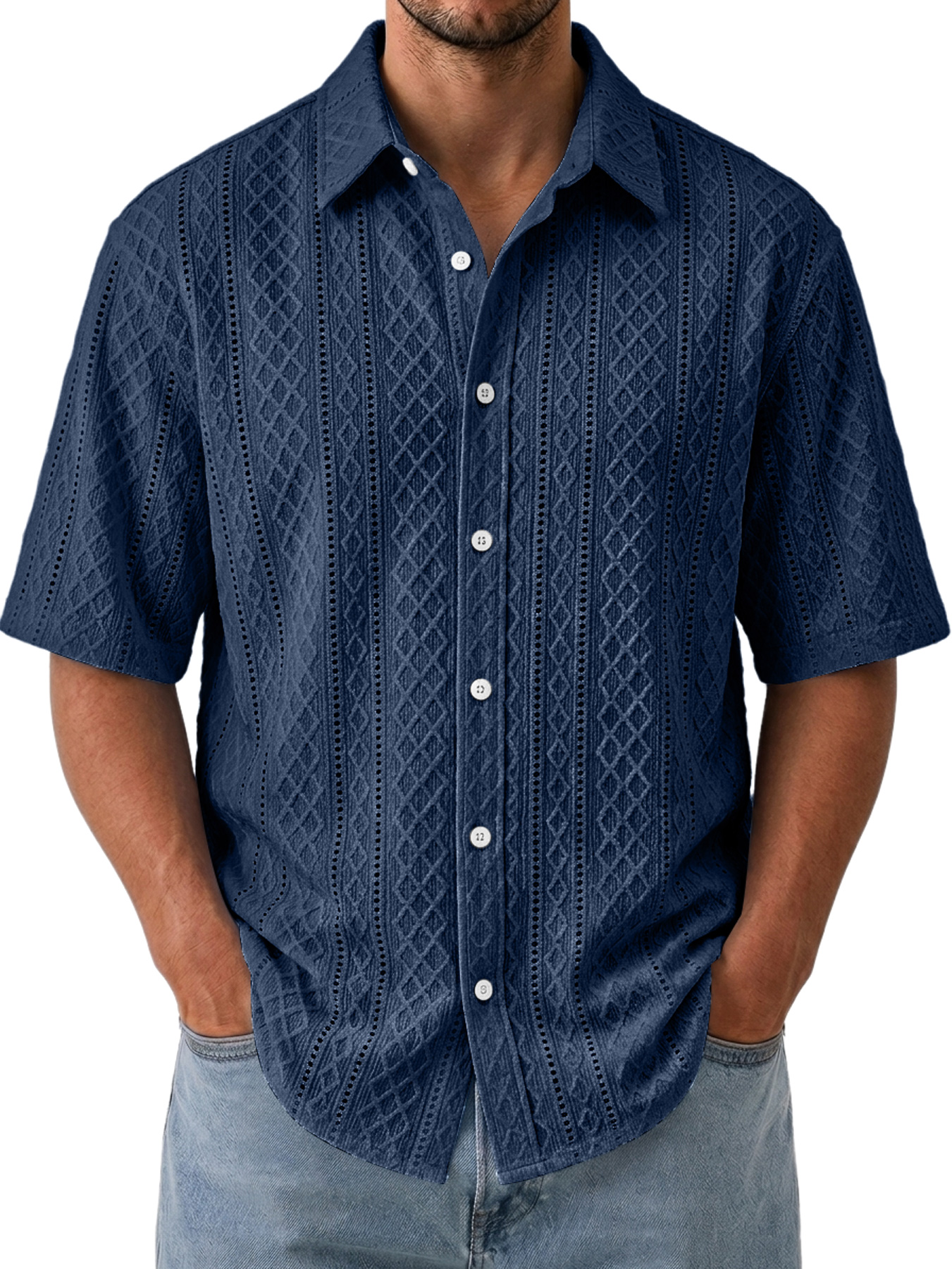 Men's Solid-Color Jacquard-Texture Casual Short-Sleeve Shirt