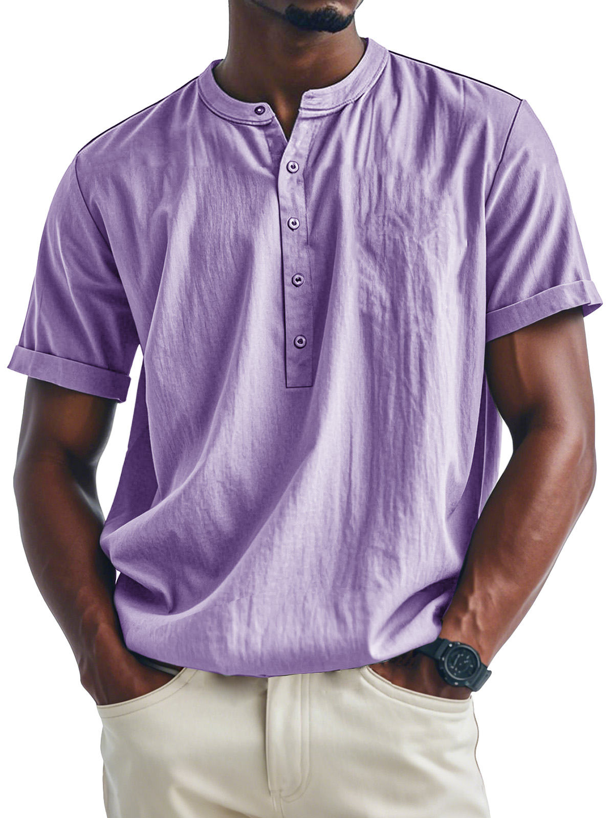 Men's Fashion Casual Stand Collar Multi-Button Short Sleeve Henley Shirt