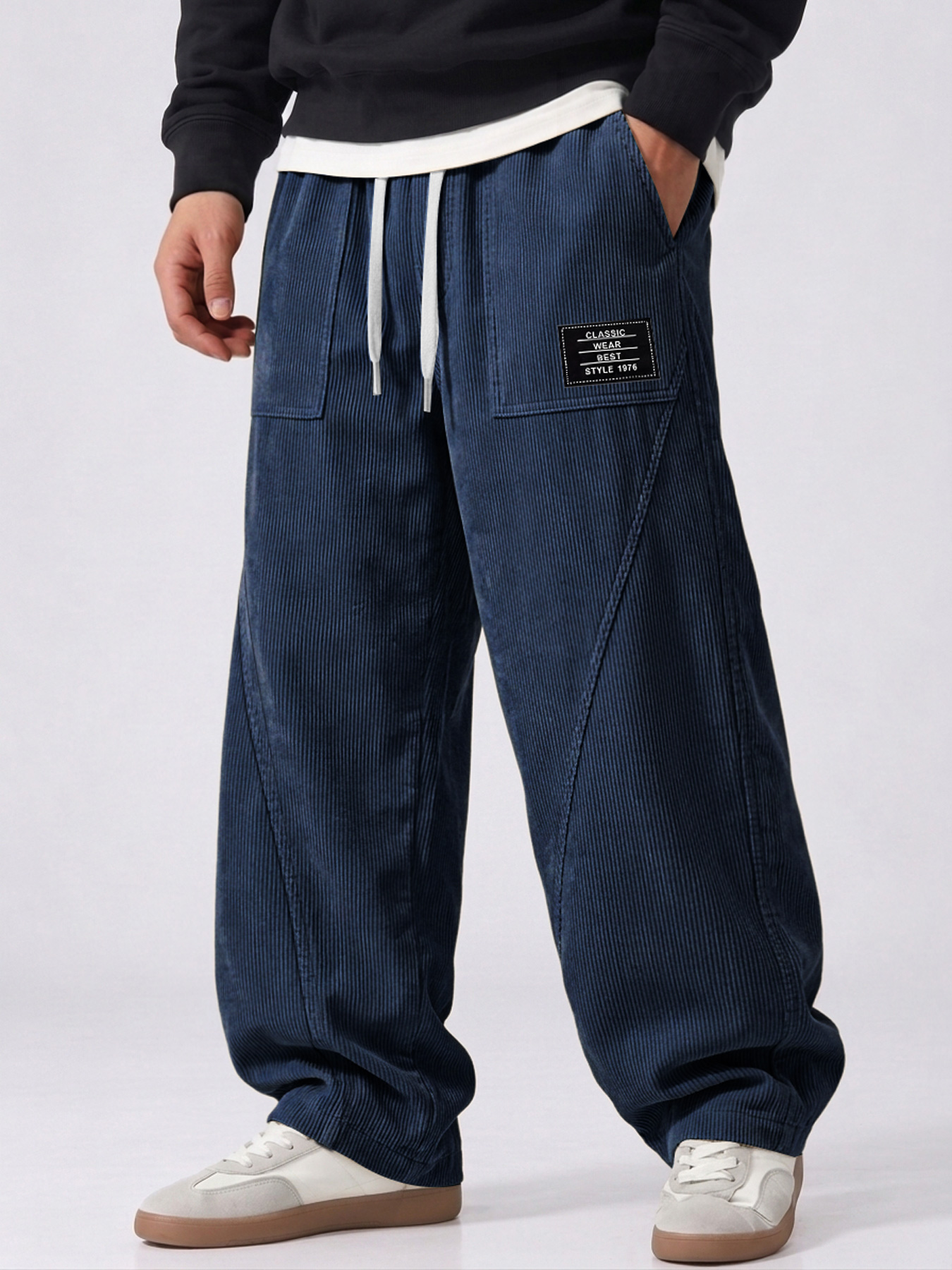 Men's Corduroy Deconstructed Casual Trousers with Patch Pockets and Curved Seam Detail