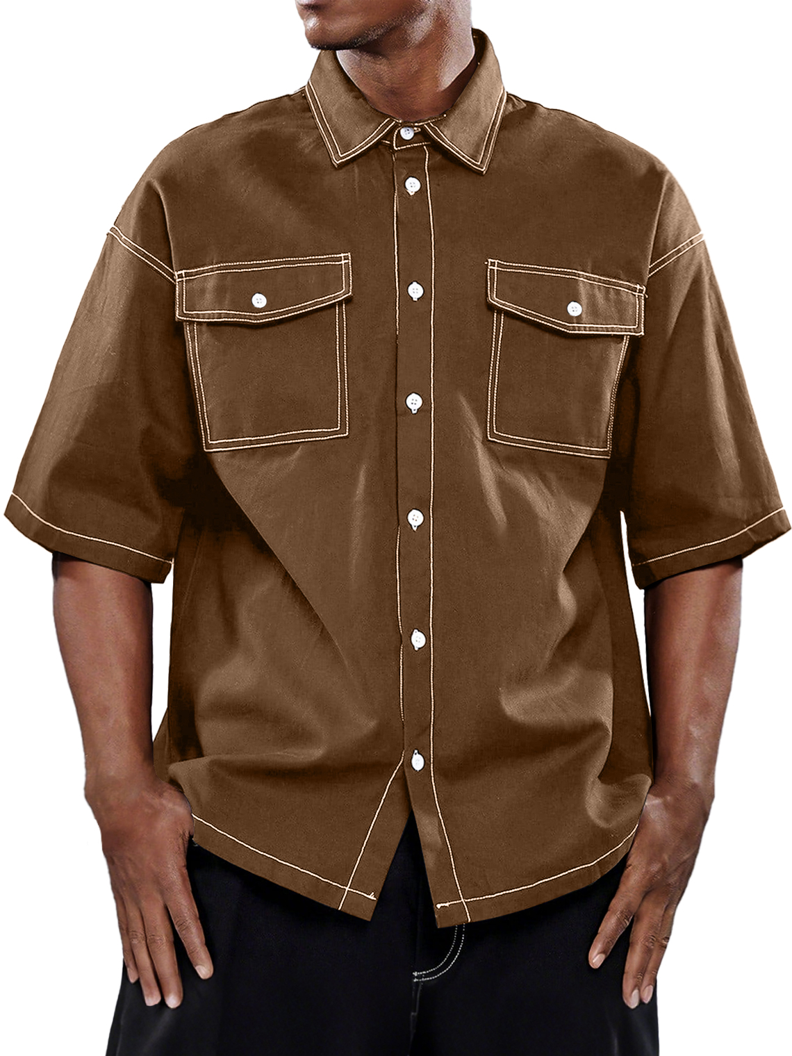 Men's Retro Workwear Double Pocket Casual Solid Color Short Sleeve Shirt