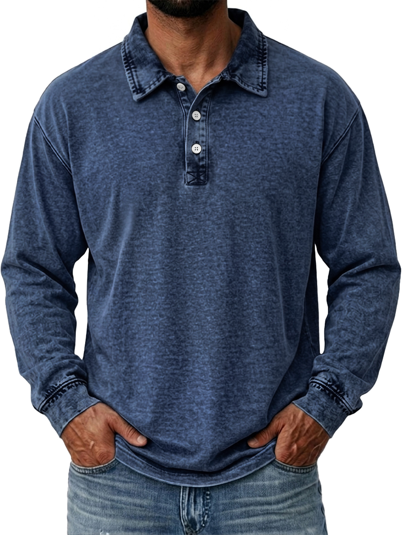 Men's Vintage Washed Cotton Long-Sleeve Polo Shirt with Collar and Button Placket