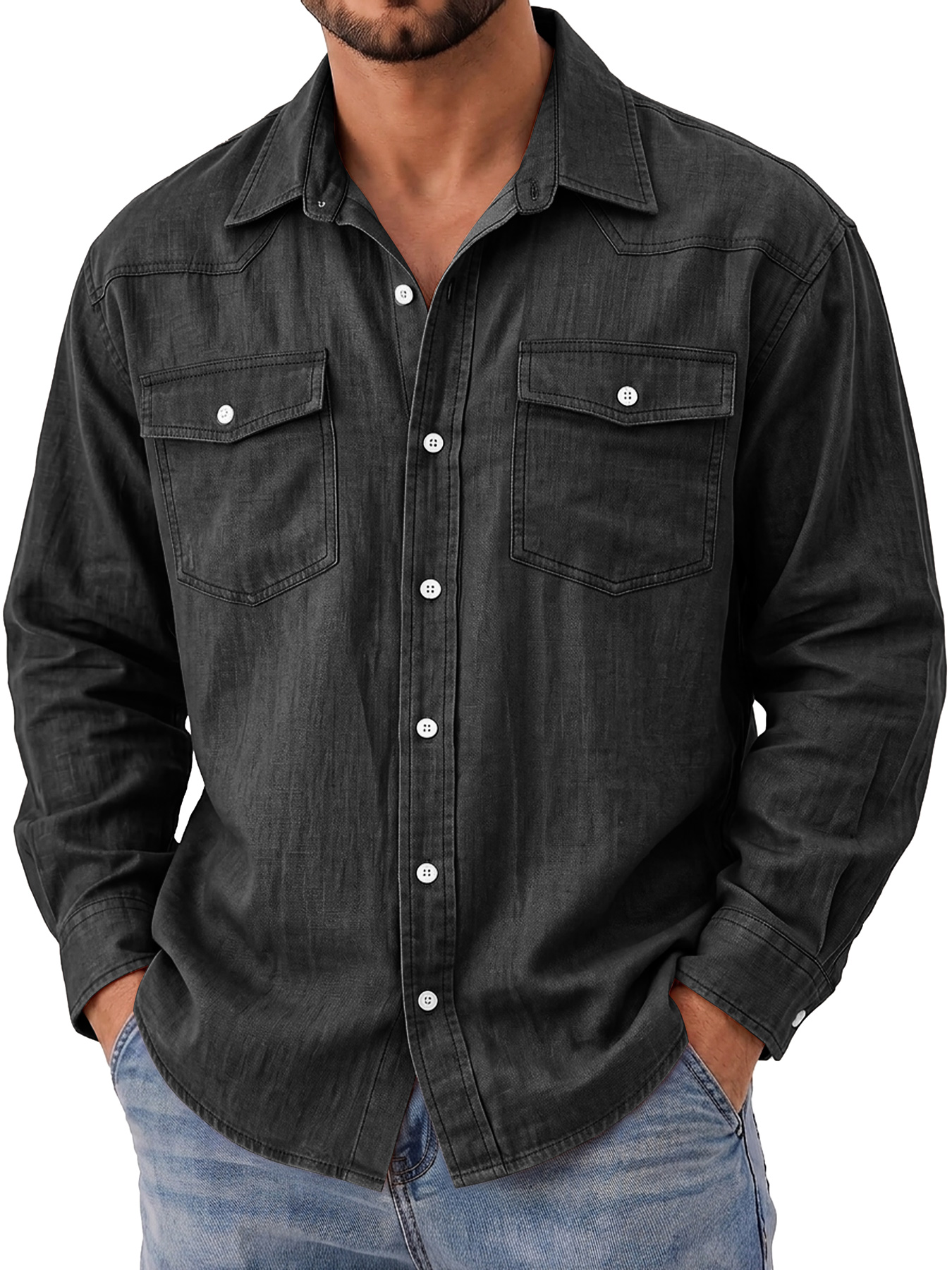 Men's Autumn Casual Long-Sleeve Shirt with Deconstructed Design and Dual Pockets