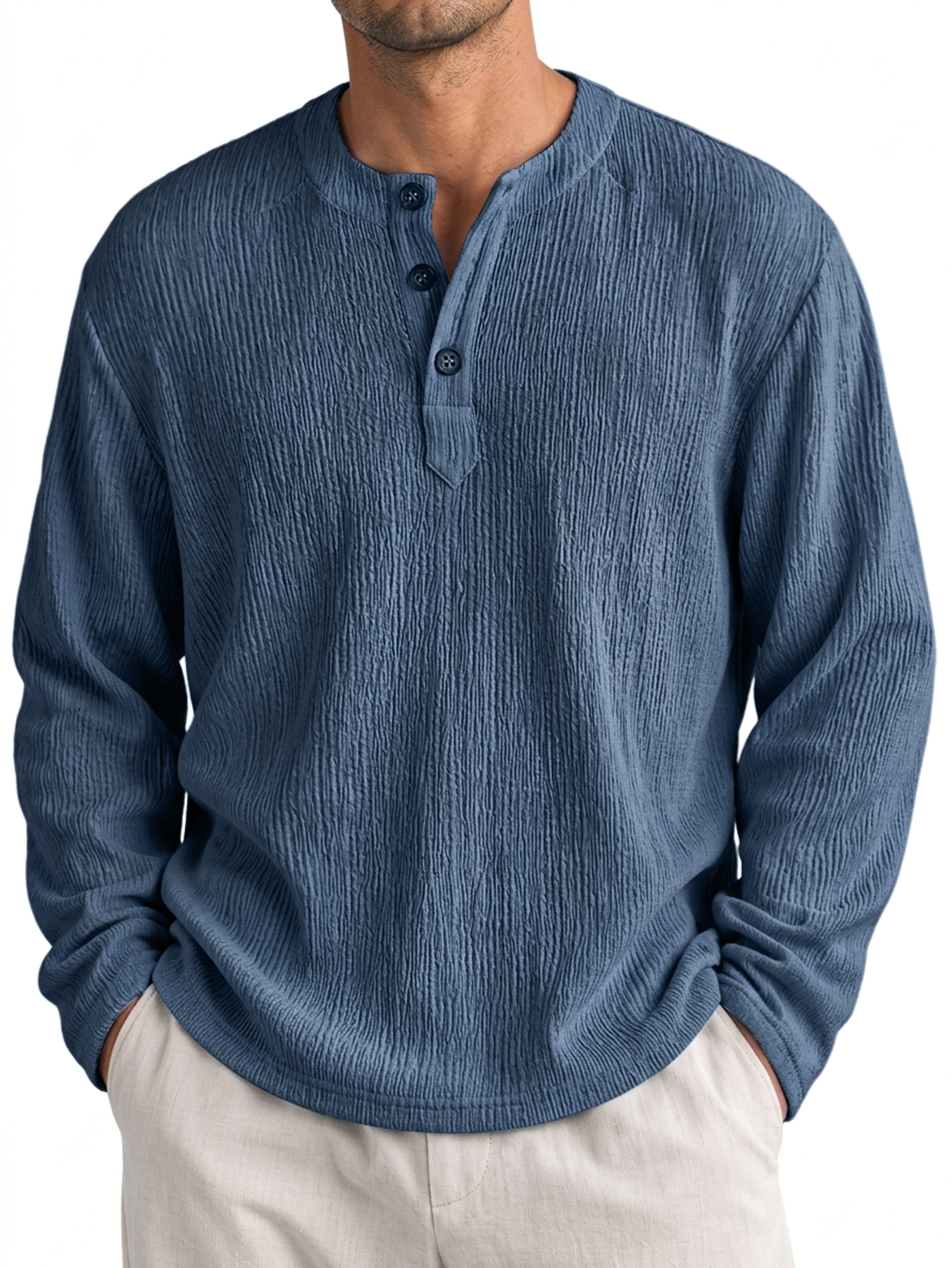Men's Casual Textured Comfortable Long-Sleeve Henley Shirt
