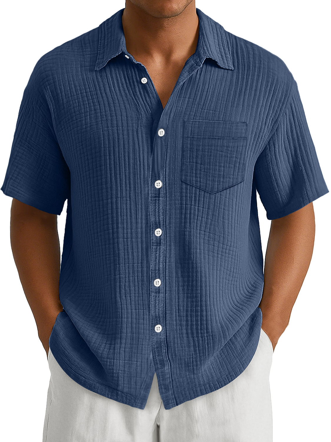 Men's Daily Casual Pleated Pocket Simple And Comfortable Short-Sleeved Shirt
