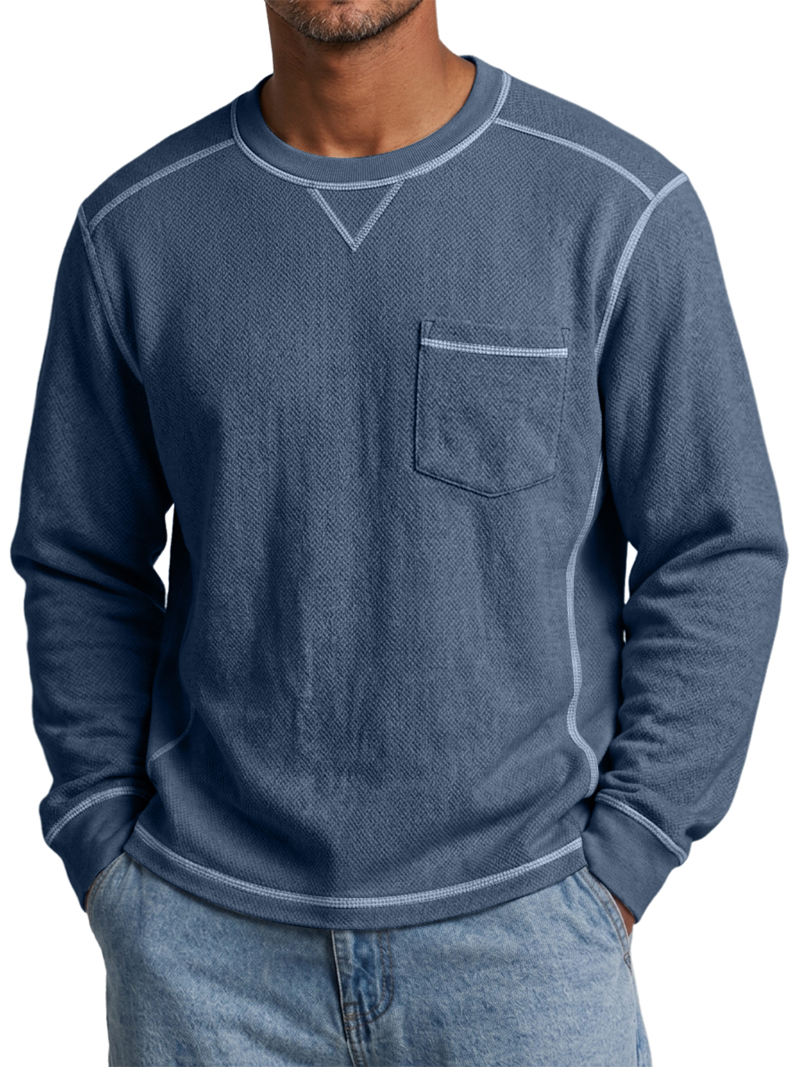 Men's Casual Long-Sleeve Crew-Neck T-Shirt with Contrast Stitching