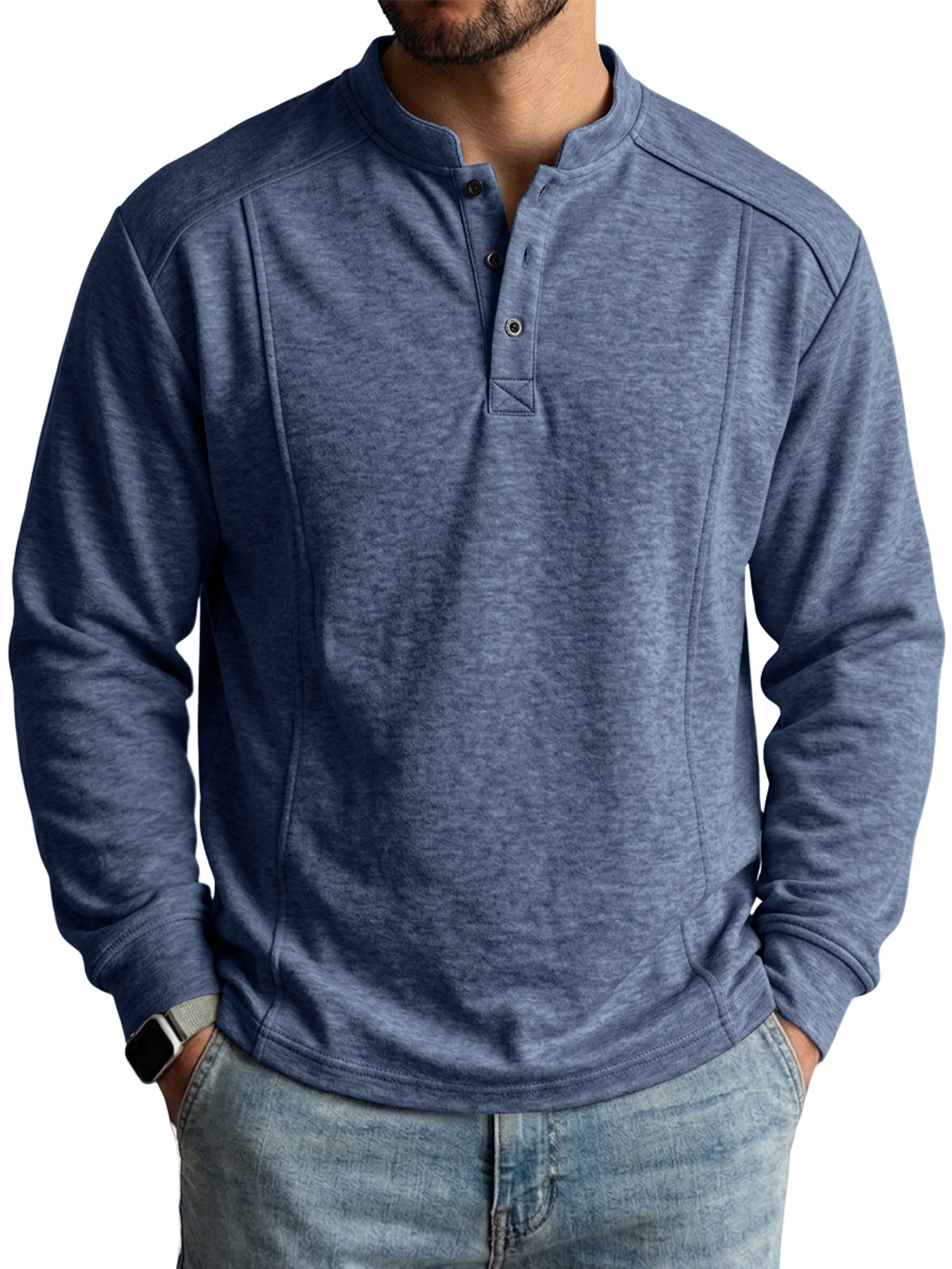 Men's Deconstructed Long-Sleeve Henley Shirt with Stand Collar and Button Detail