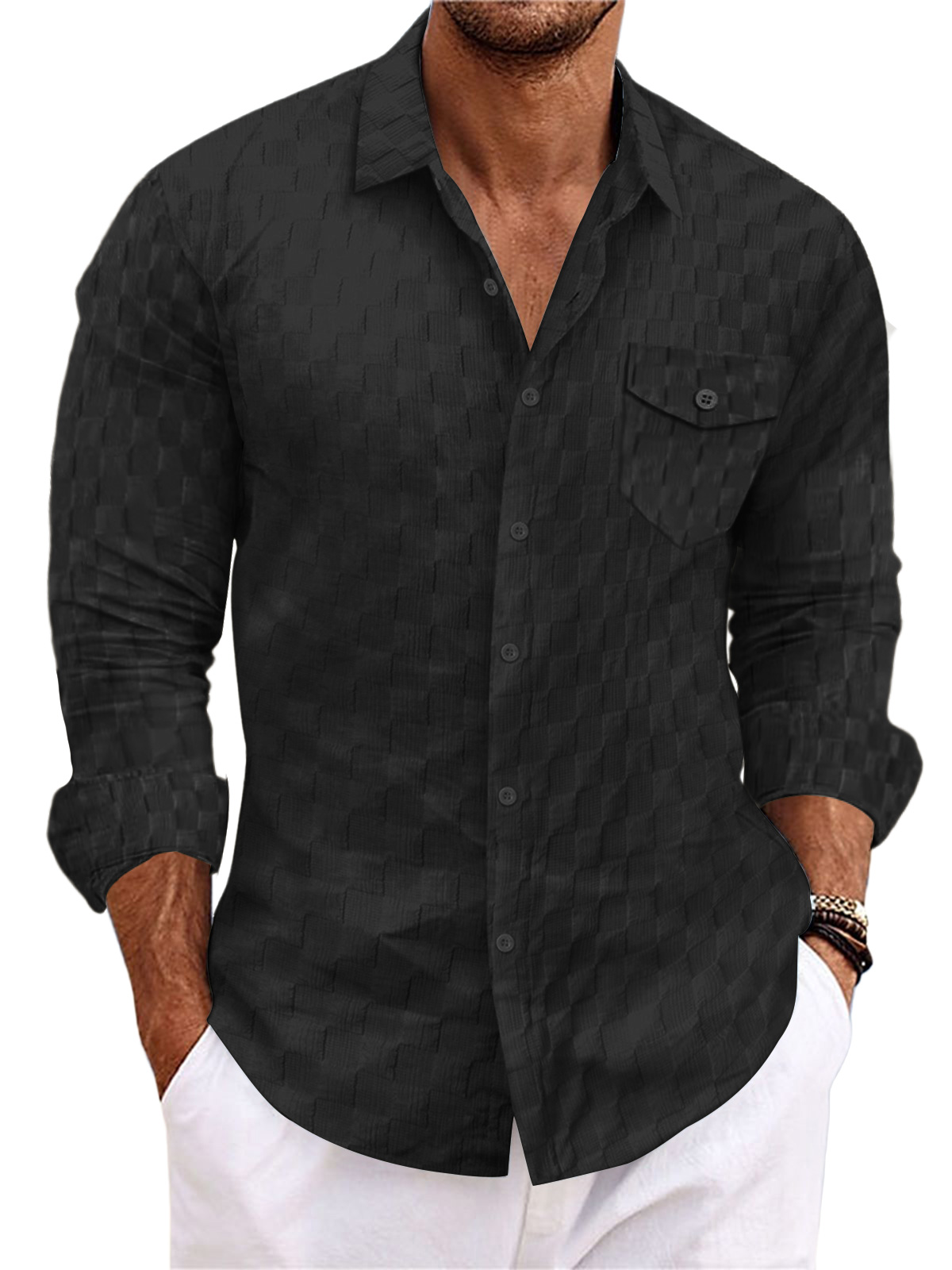 Men's Casual Plaid Jacquard Solid Color Pocket Long Sleeve Shirt