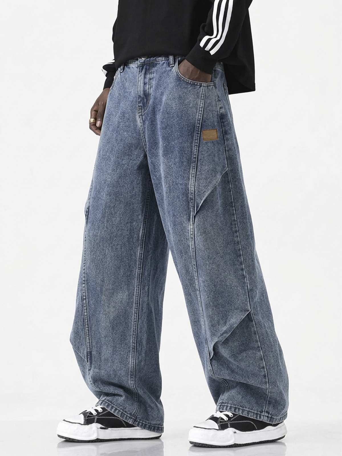 Men's Cotton Vintage-Washed Deconstructed Patchwork Curved-Leg Wide-Leg Jeans