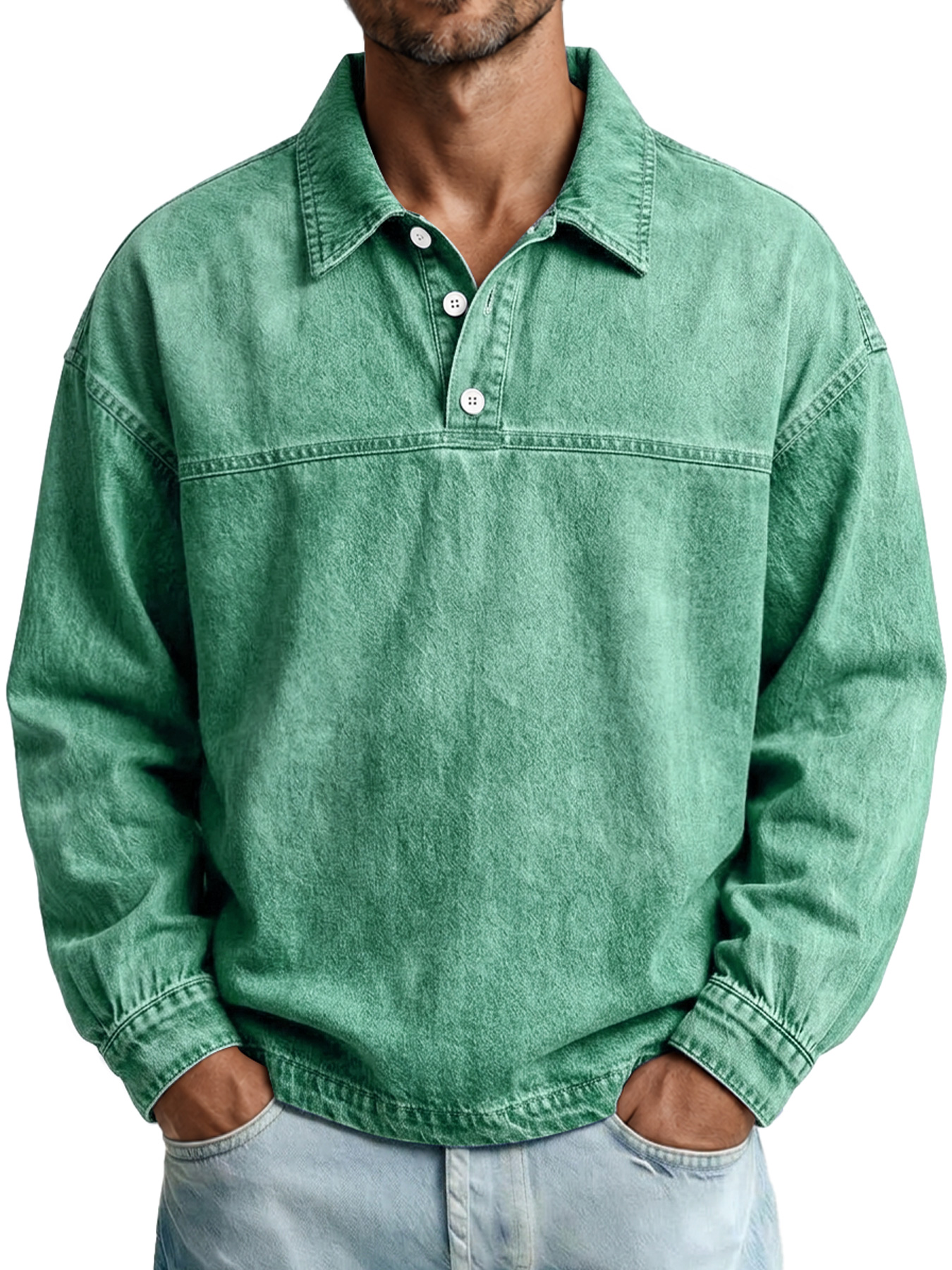 Men's Autumn Vintage Washed Cotton Long-Sleeve Casual Polo Shirt with Stitching Detail