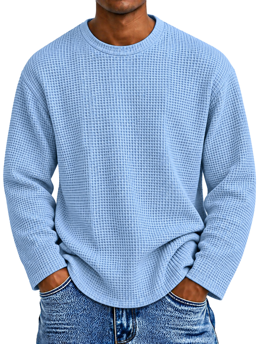 Men's Casual Everyday Waffle-Knit Crew-Neck Long-Sleeve T-Shirt