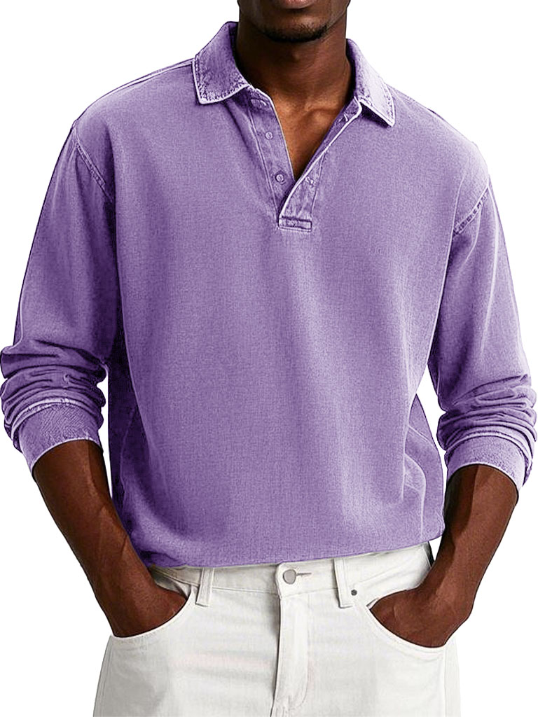 Men's Fashion Casual Retro Distressed Lapel Long-sleeved Polo Shirt 