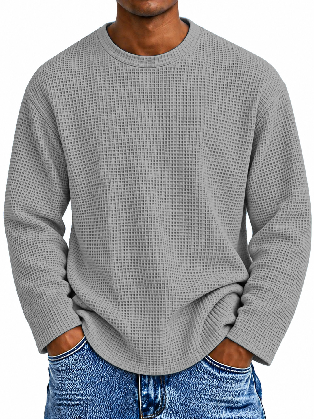 Men's Casual Everyday Waffle-Knit Crew-Neck Long-Sleeve T-Shirt
