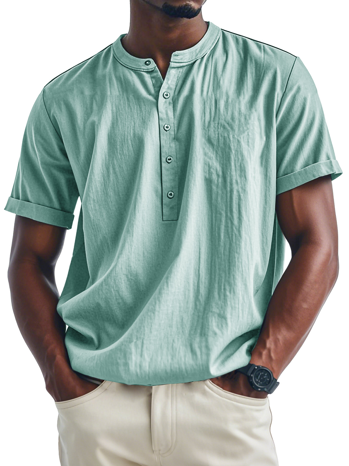 Men's Fashion Casual Stand Collar Multi-Button Short Sleeve Henley Shirt