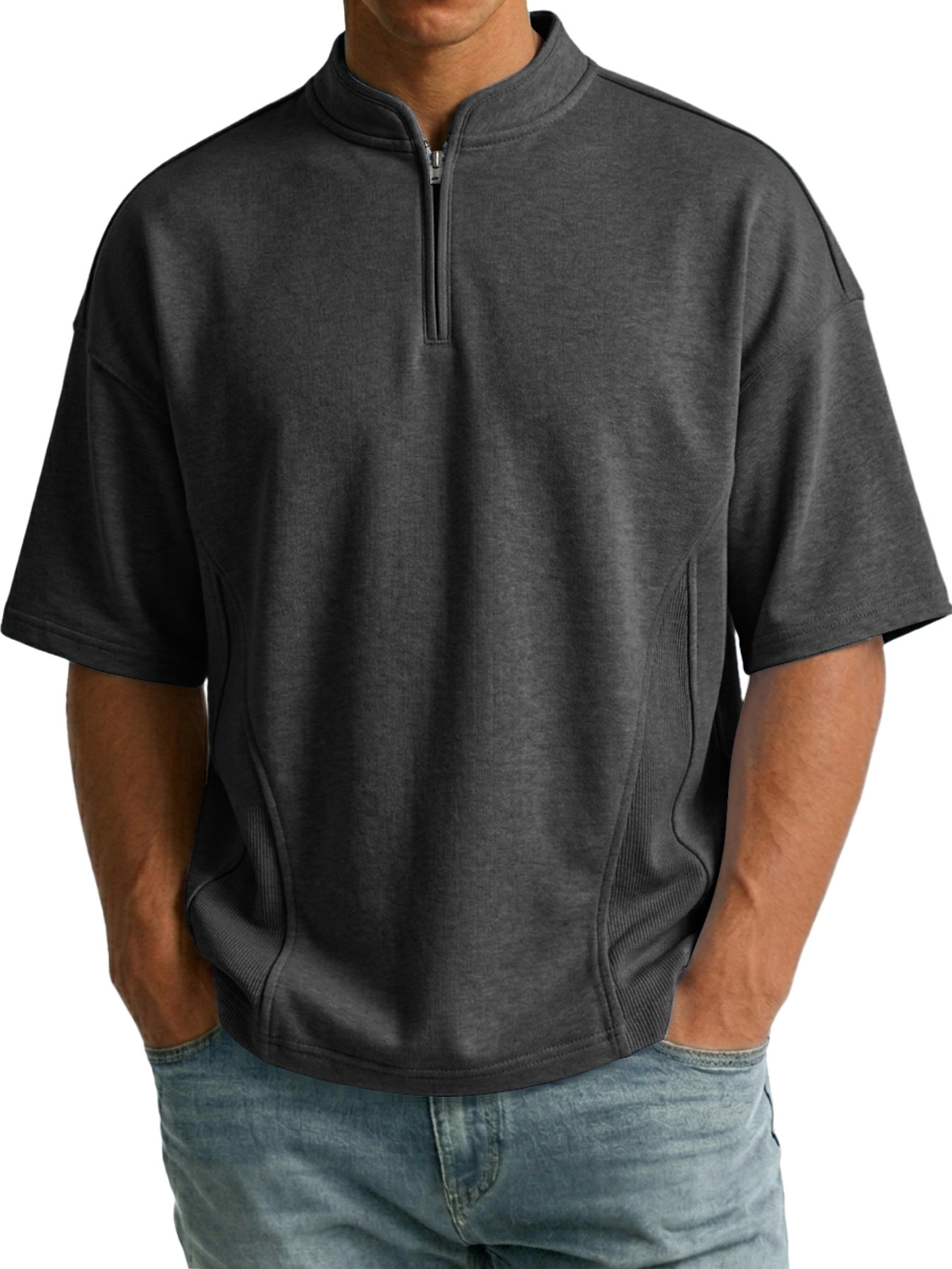 Men's Simple Zipper Patchwork Deconstructed Design Casual Short-Sleeve T-Shirt