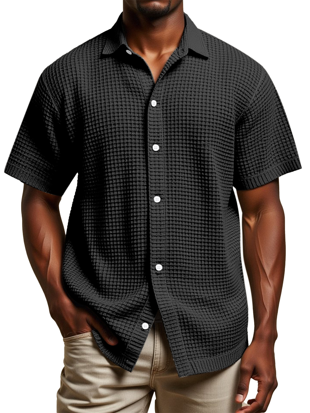 Men's Daily Simple Solid Color Waffle Texture Short-sleeved Lapel Button-down Shirt