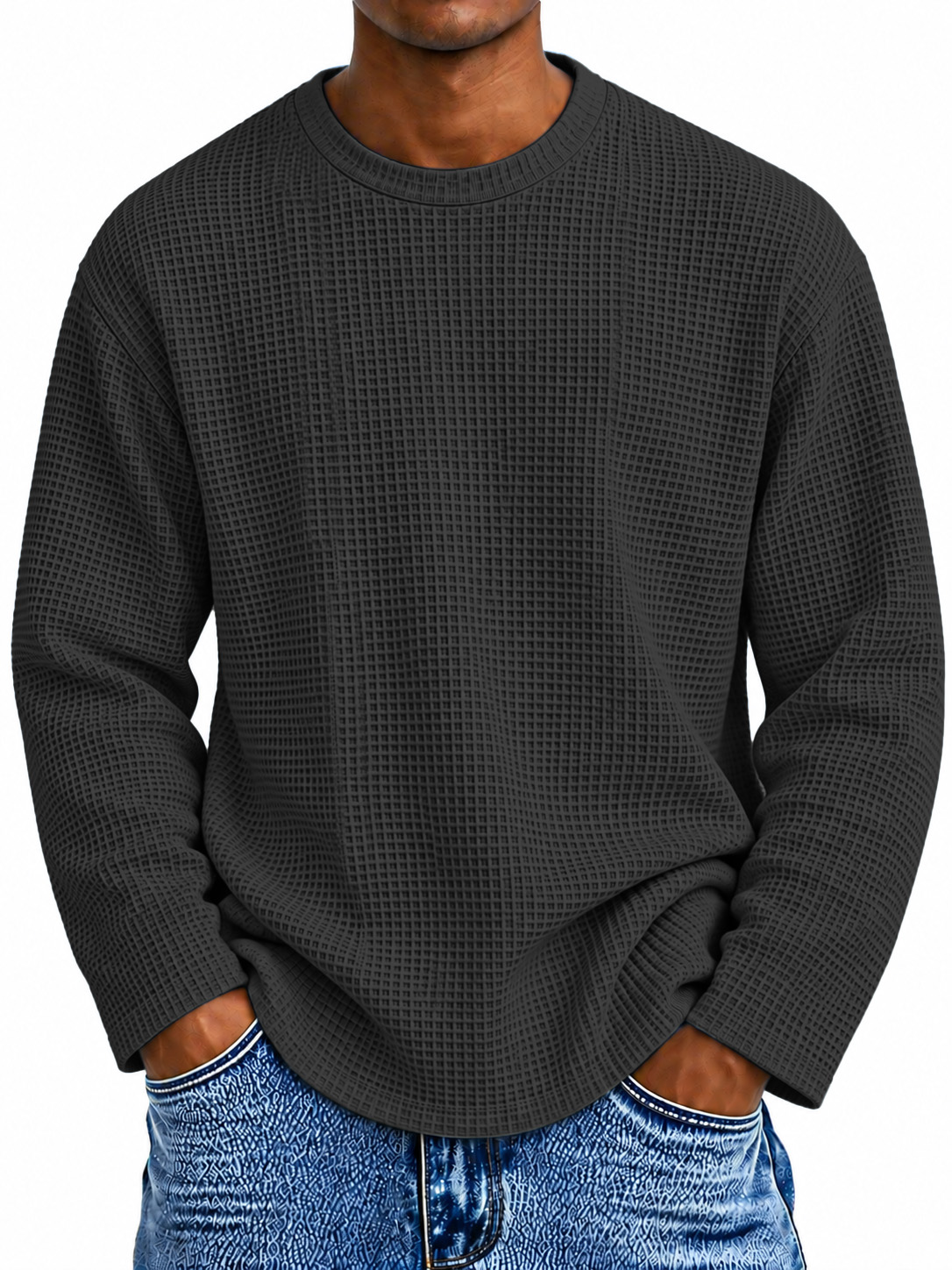 Men's Casual Everyday Waffle-Knit Crew-Neck Long-Sleeve T-Shirt