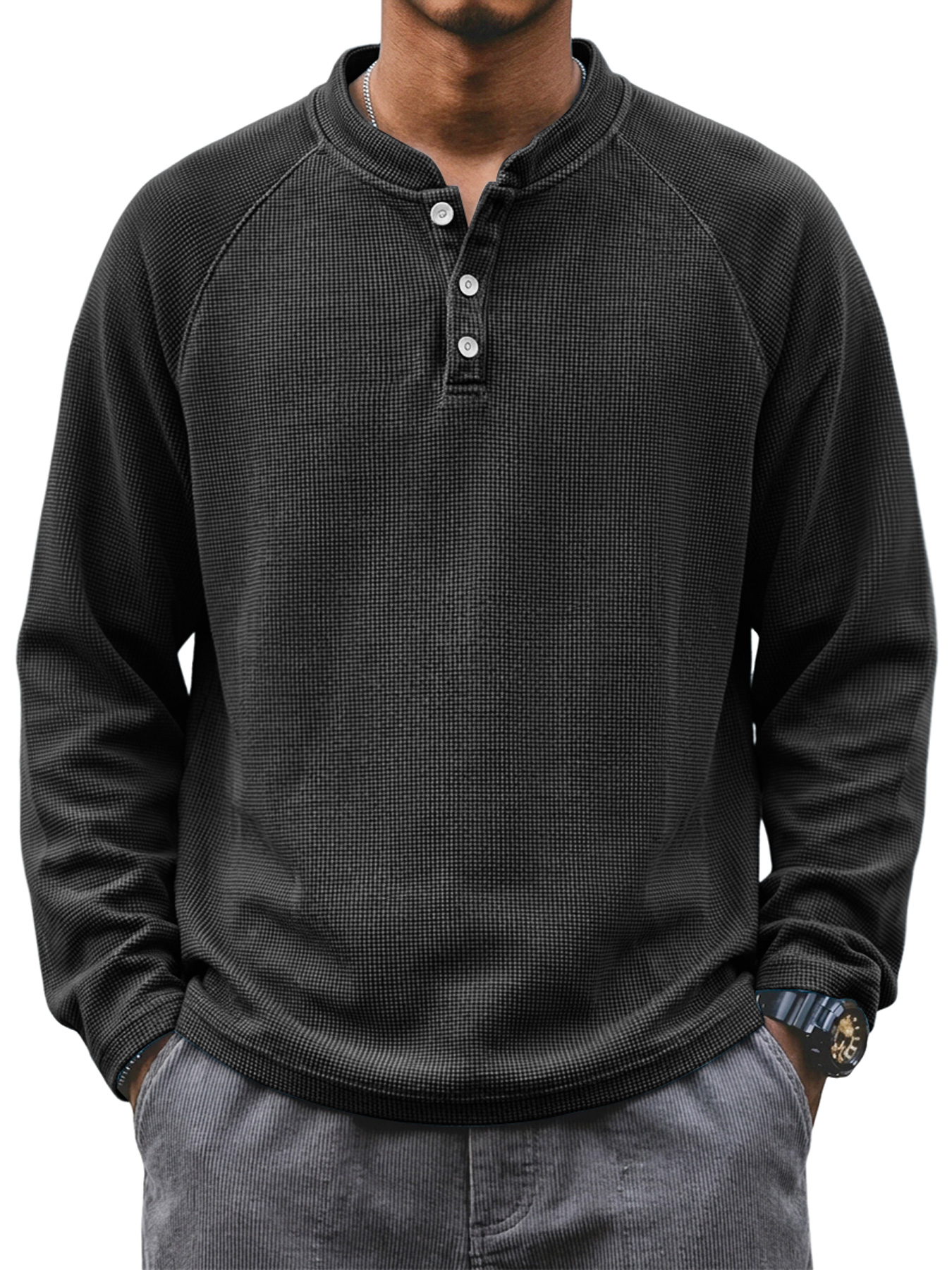 Men's Waffle-Knit Casual Long-Sleeve Henley Shirt with Stand Collar and Button Placket