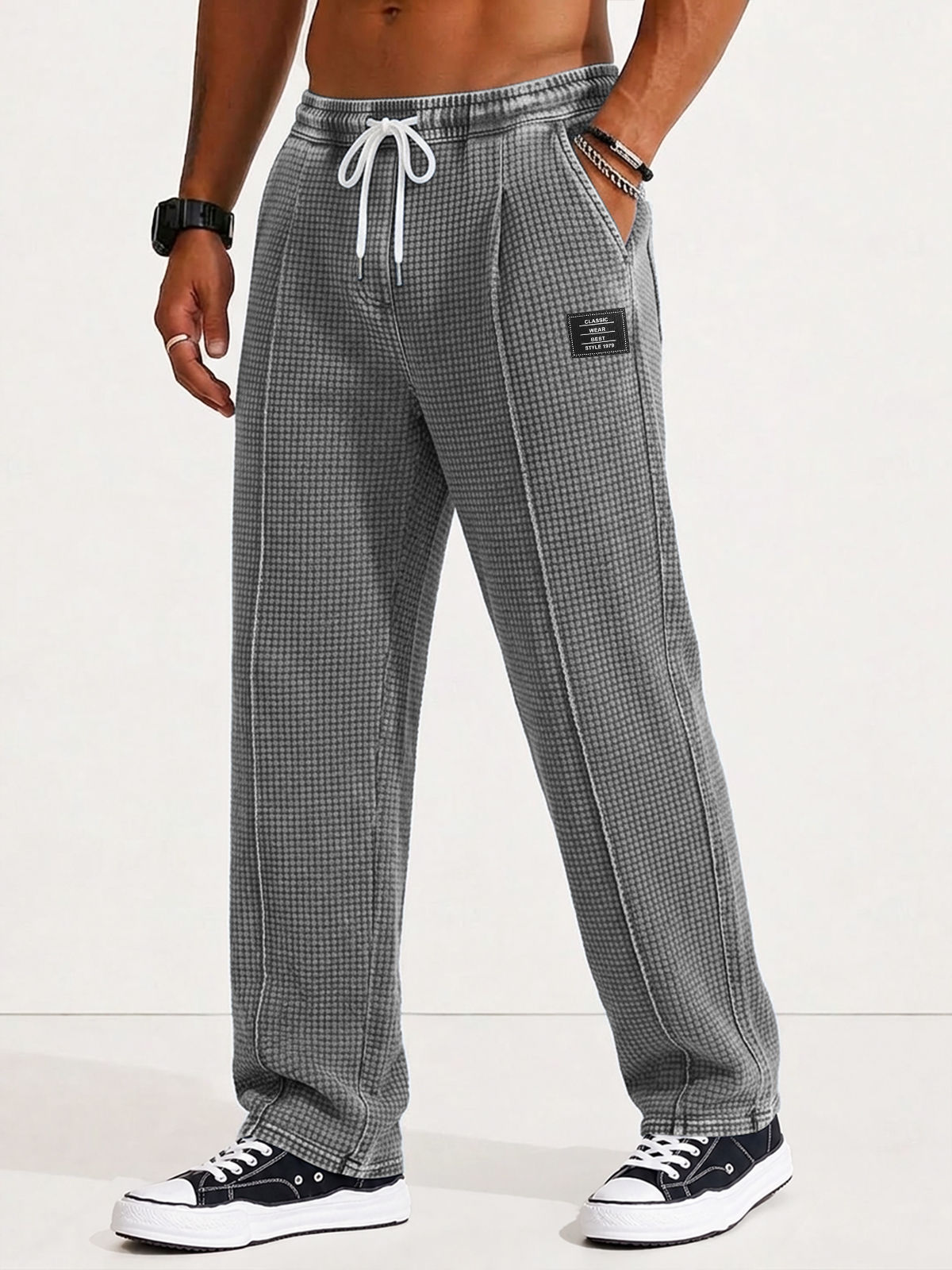 Men's Retro Distressed Waffle Knit Loose Casual Straight Leg Pants