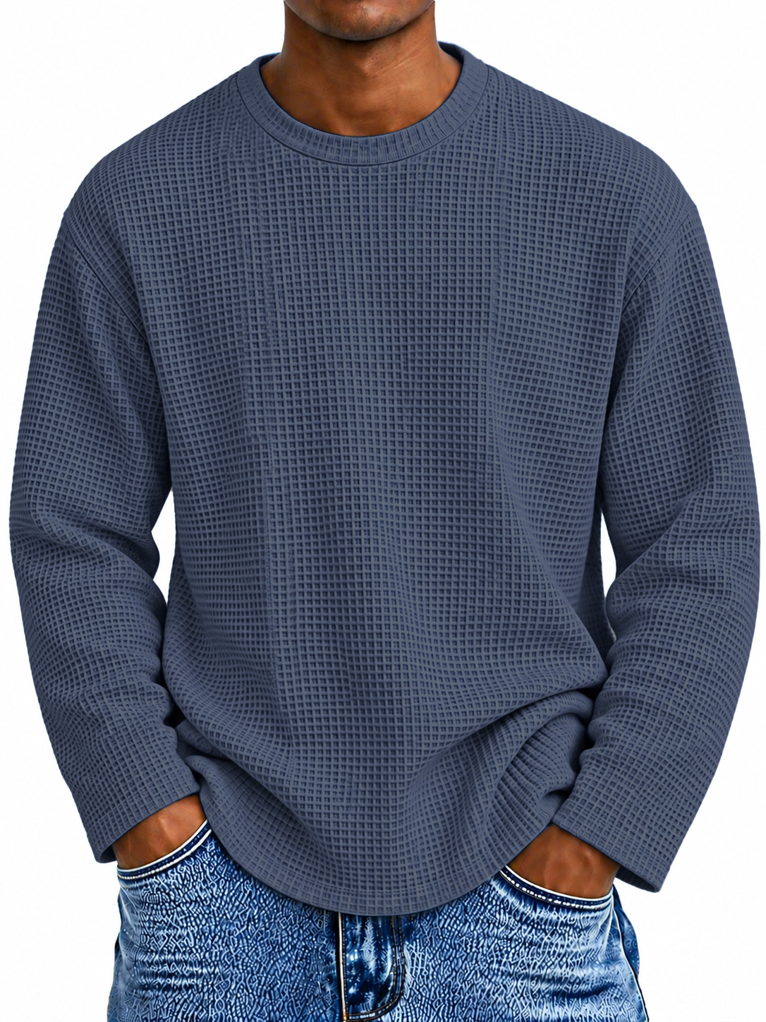 Men's Casual Everyday Waffle-Knit Crew-Neck Long-Sleeve T-Shirt