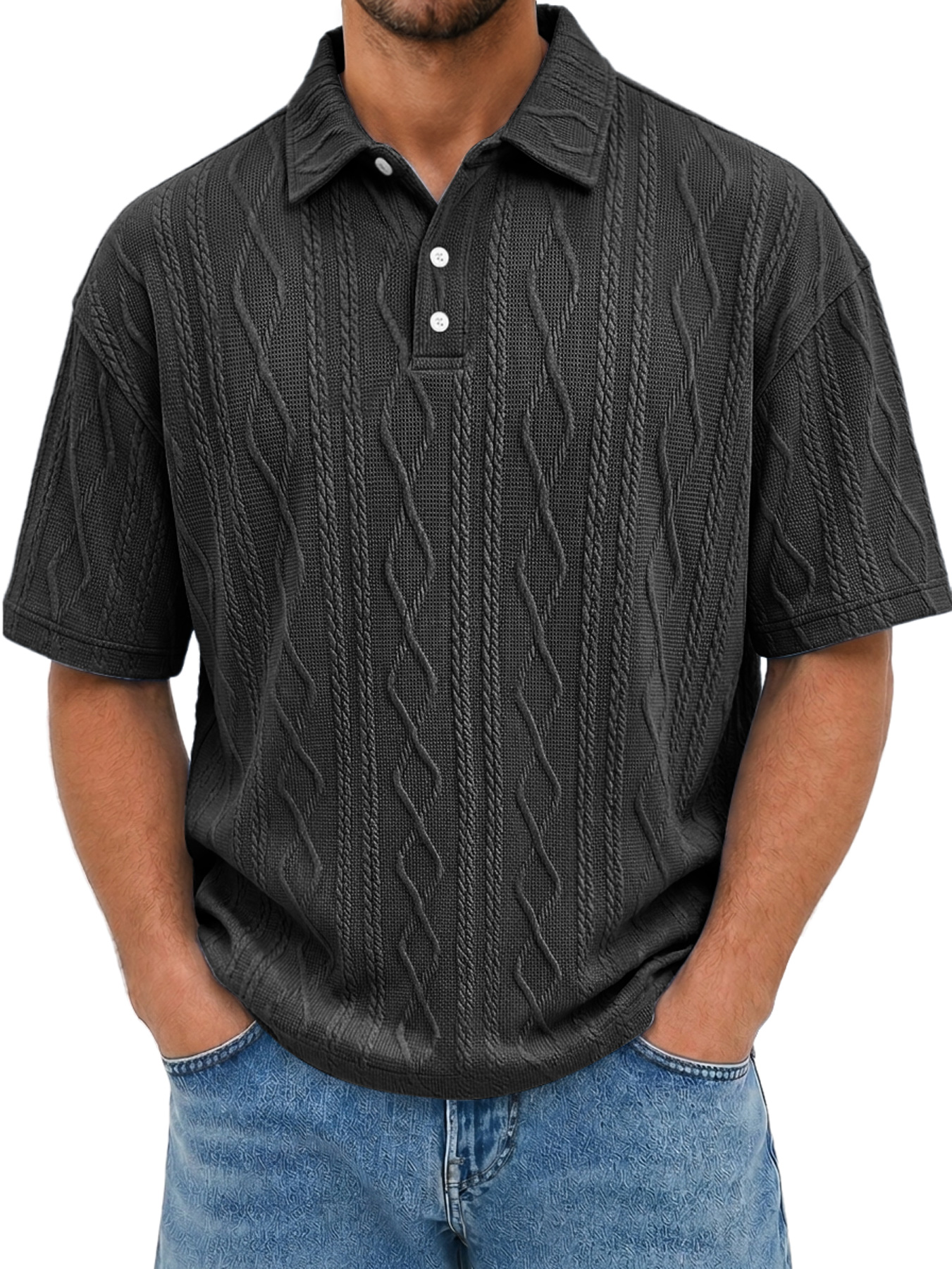 Men's Short-Sleeve Jacquard-Texture Polo Shirt with Collar and Button Placket