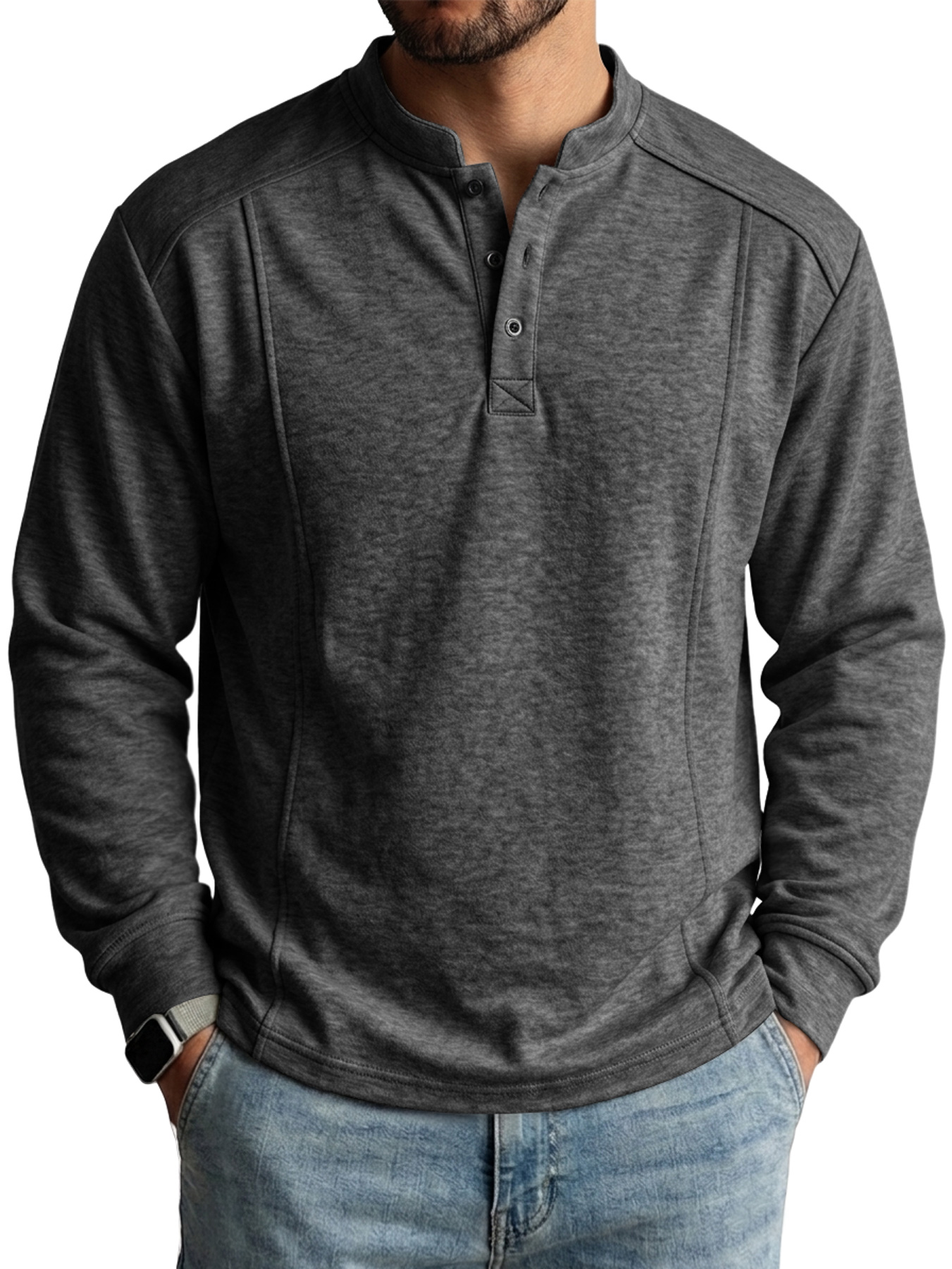 Men's Deconstructed Long-Sleeve Henley Shirt with Stand Collar and Button Detail