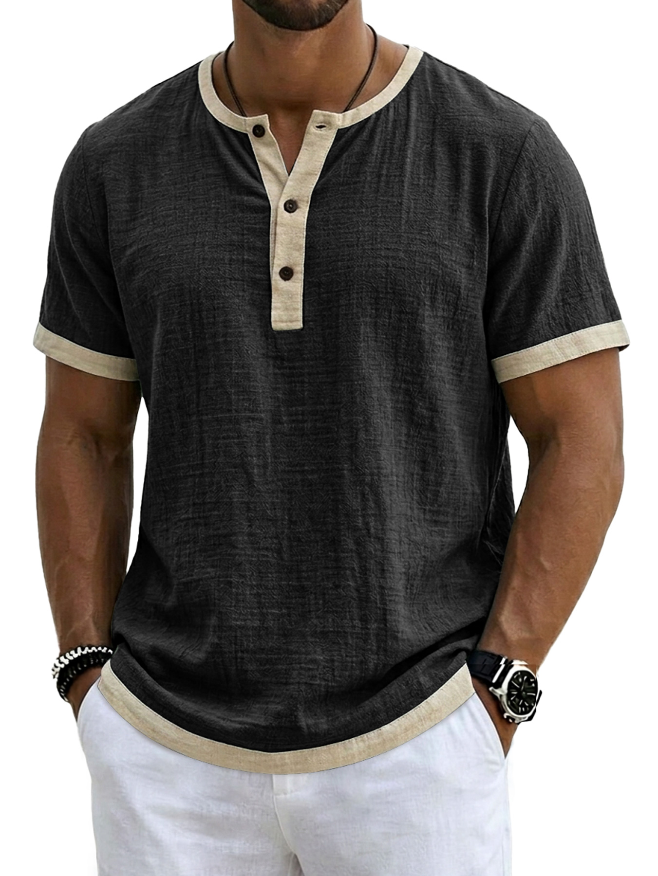 Men's Retro Linen Color Block Casual Short-Sleeve Henley Shirt