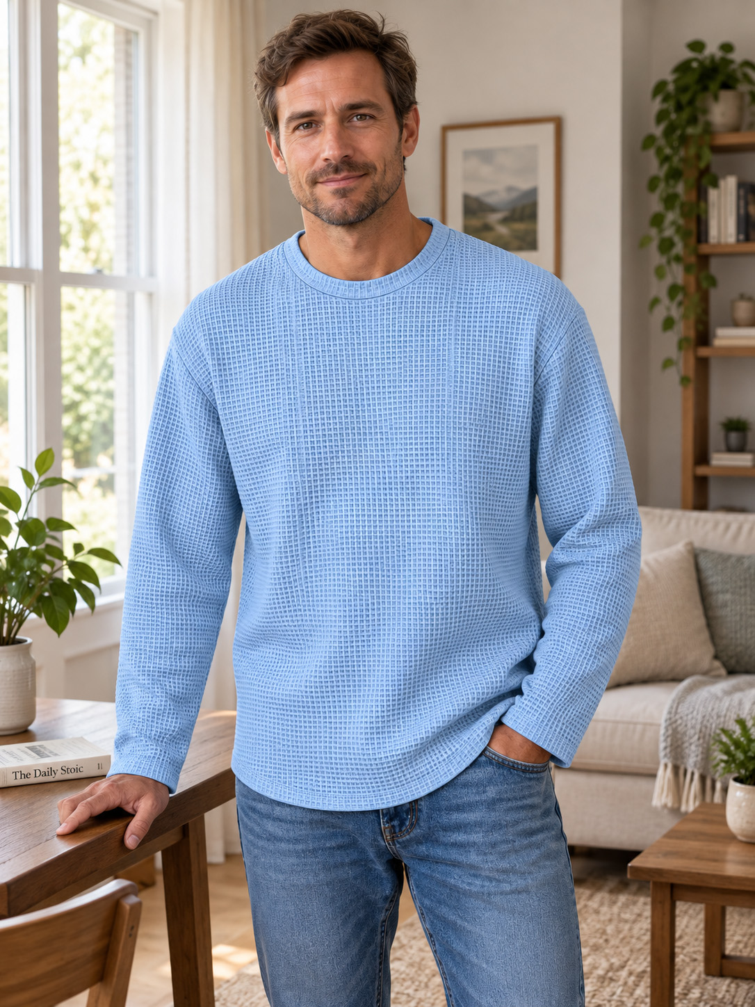 Men's Casual Everyday Waffle-Knit Crew-Neck Long-Sleeve T-Shirt