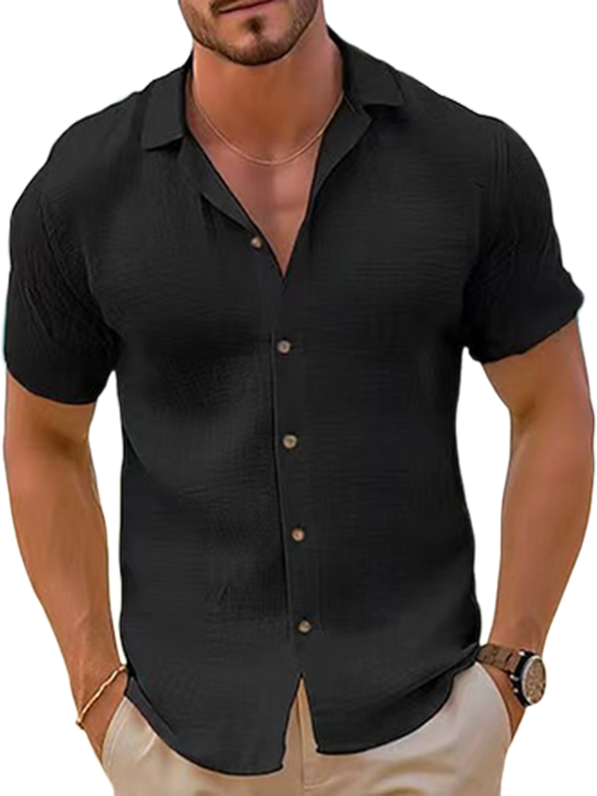 Men's beach solid color lapel cotton short-sleeved shirt