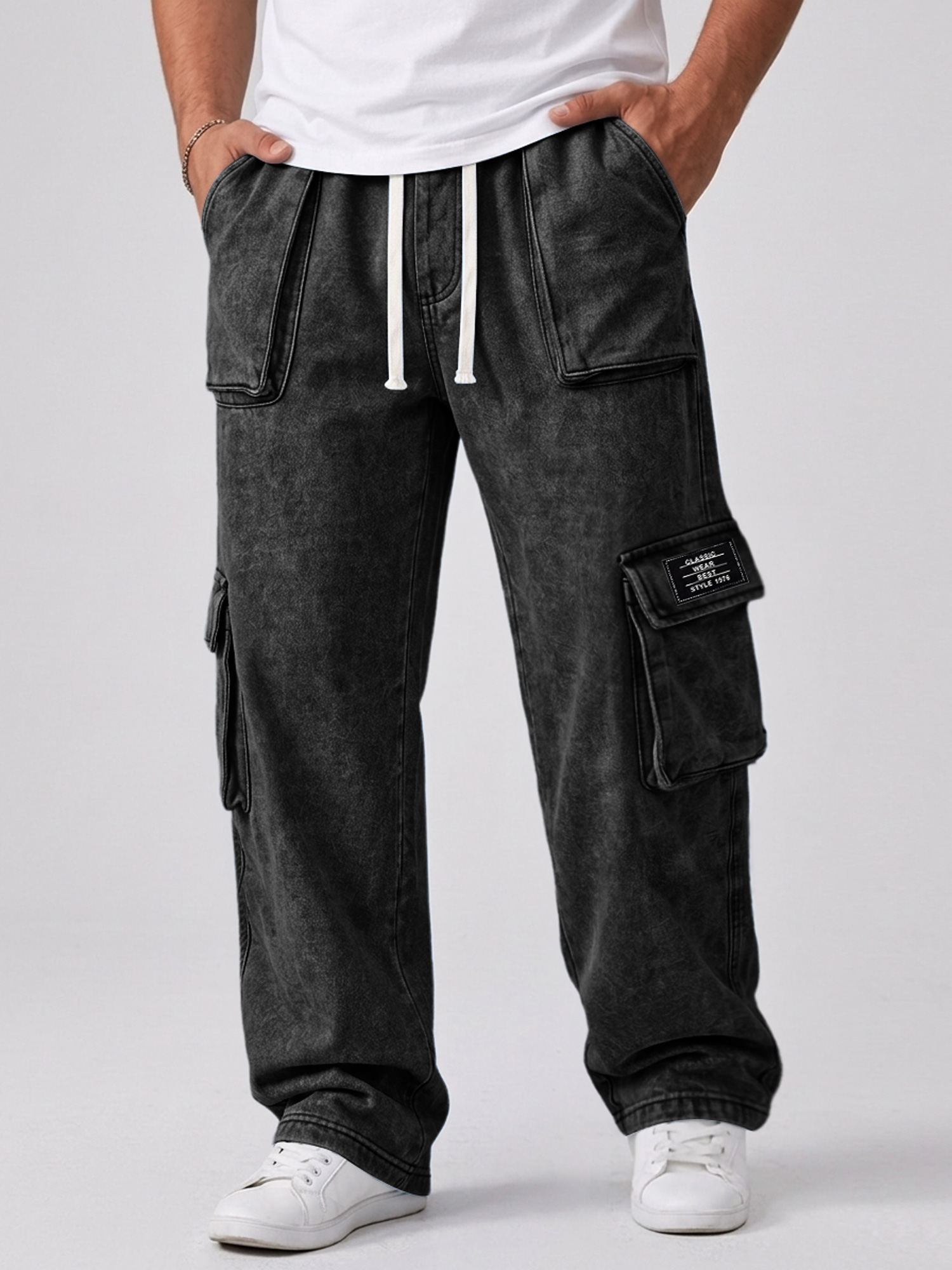 Men's Casual Retro Multi-Pocket Embroidered Logo Cargo Pants