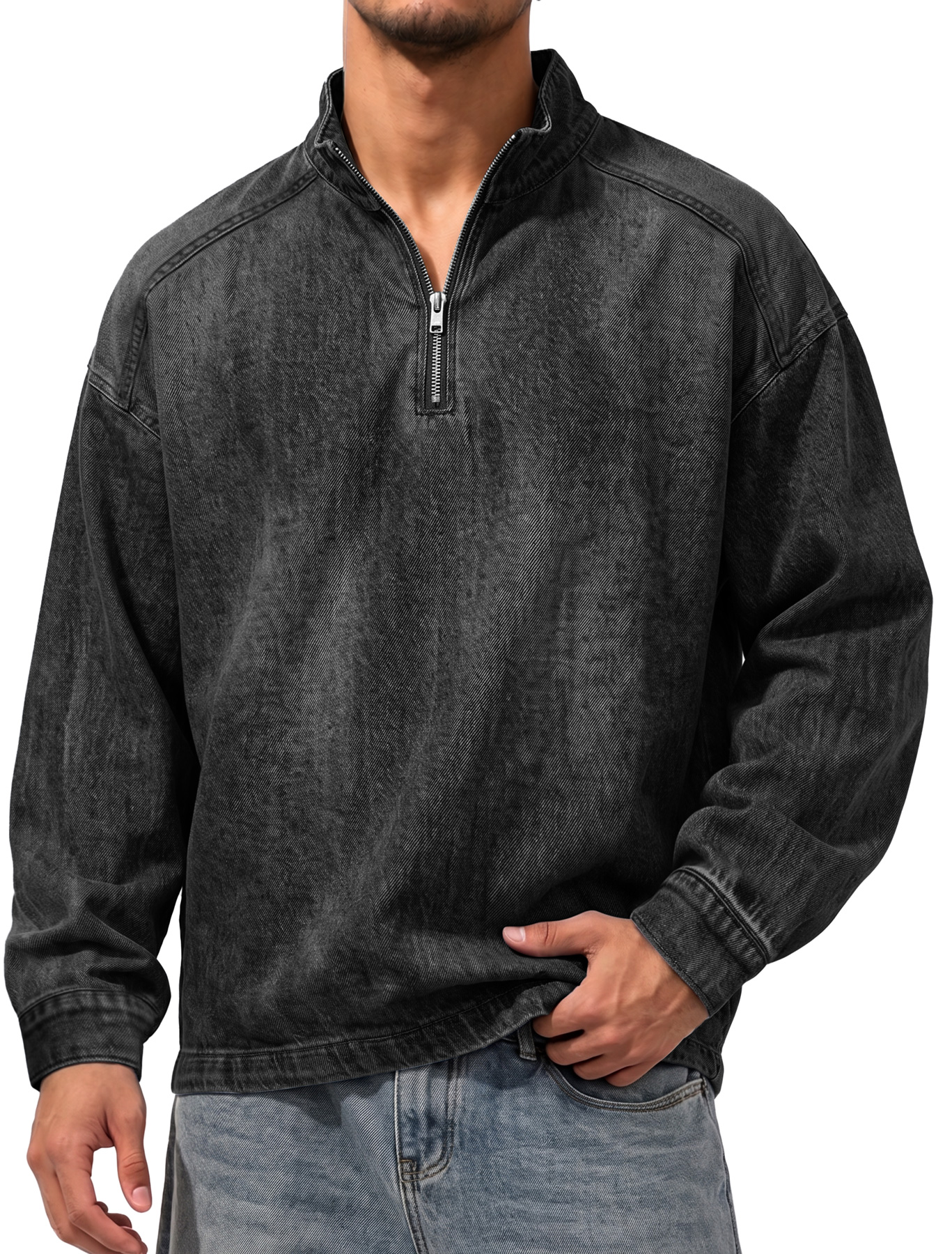 Men's Vintage Denim-Style Stand-Collar Zip-Front Casual T-Shirt