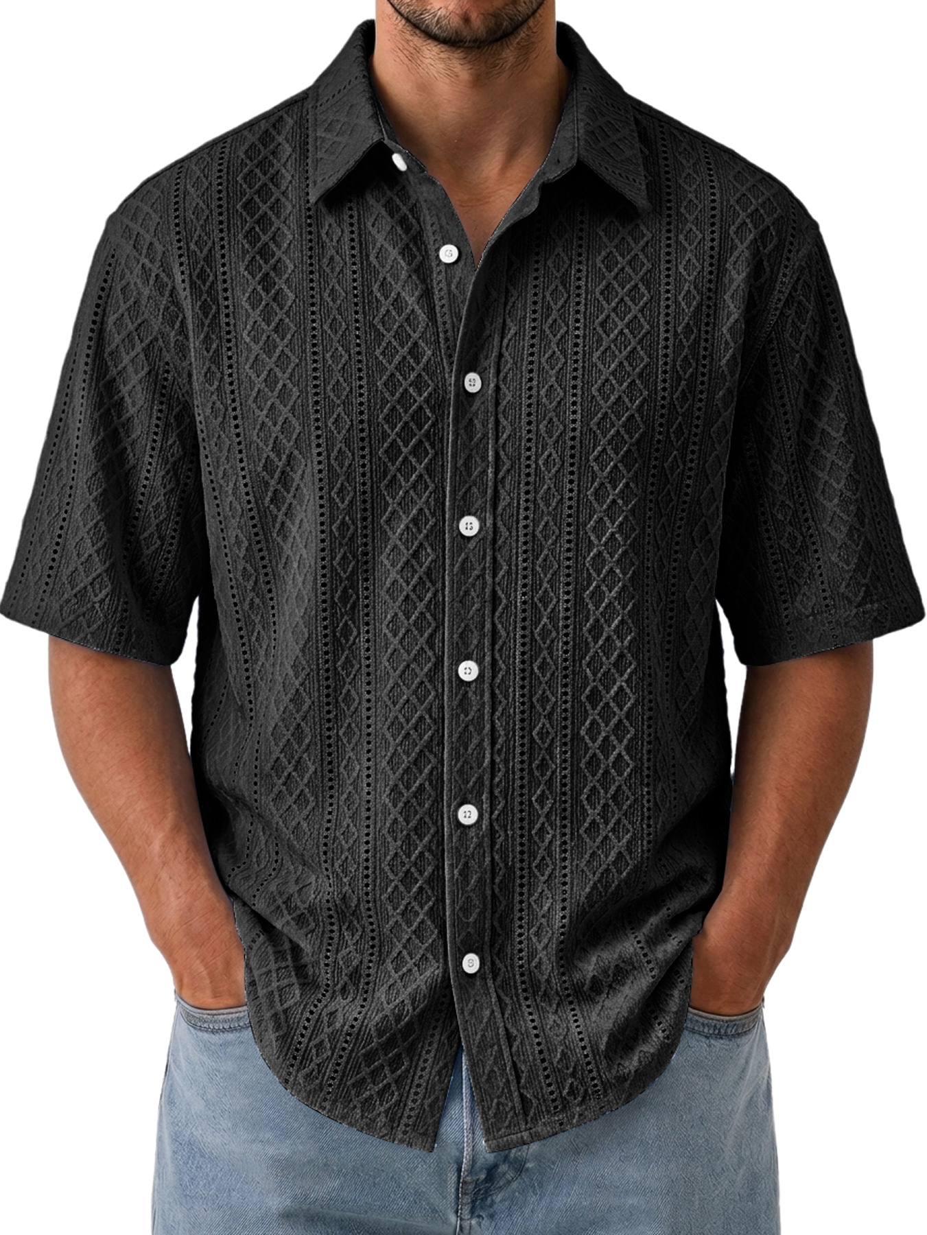Men's Solid-Color Jacquard-Texture Casual Short-Sleeve Shirt