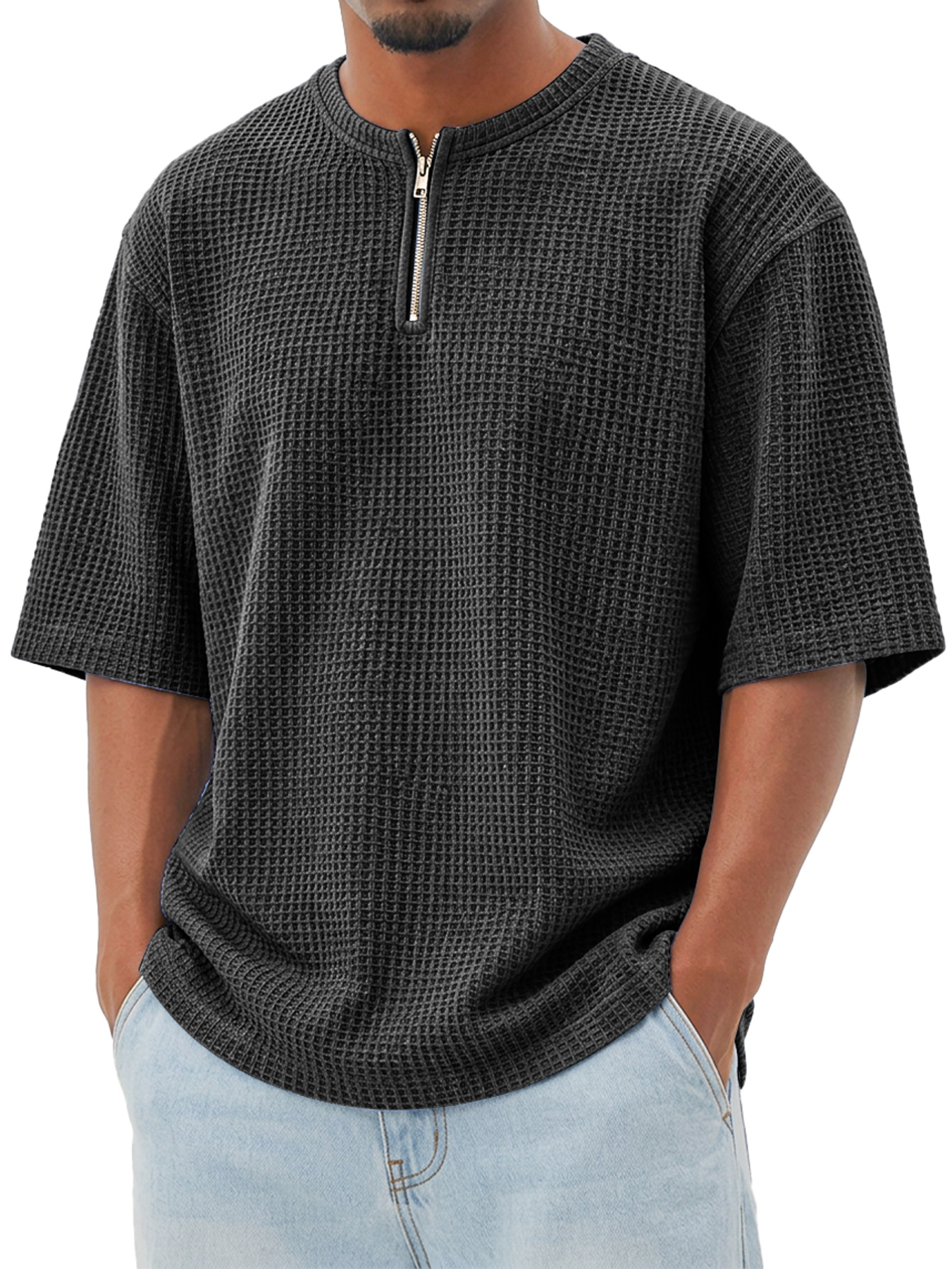 Men's Waffle-Knit Crew-Neck Short-Sleeve T-Shirt with Zipper Detail