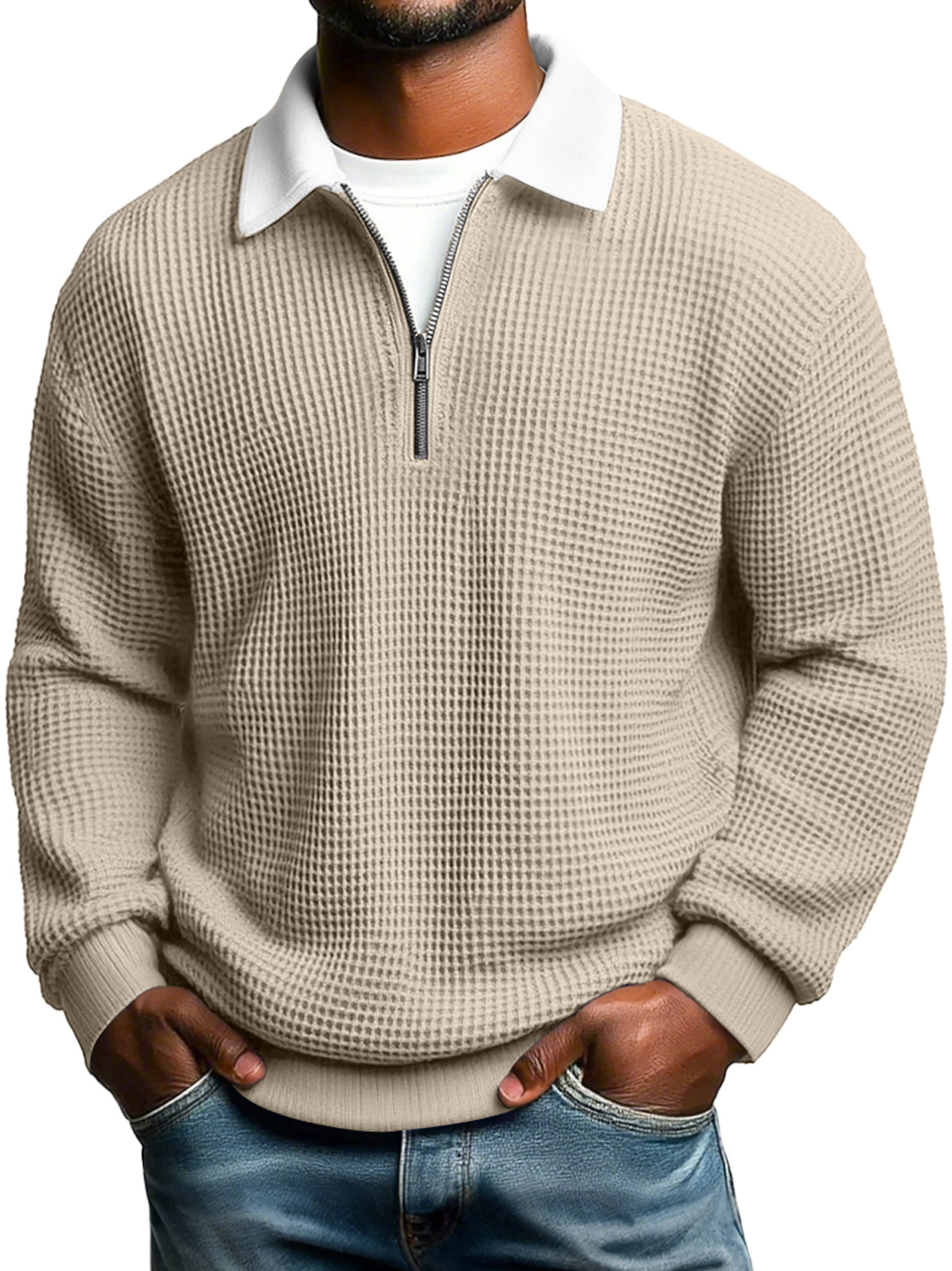 Simple Waffle-knit Collared Zip-up Casual Loose Long-sleeved Polo Shirt