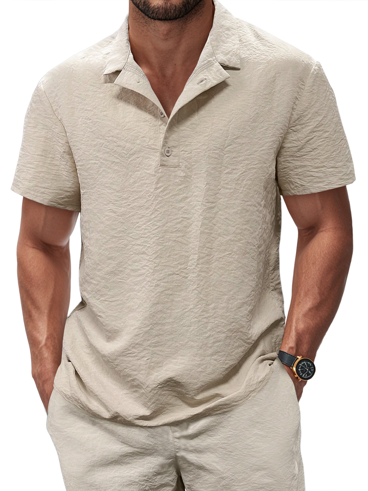 Men's Casual Pleated Texture Button Solid Color Short-sleeved Polo Shirt